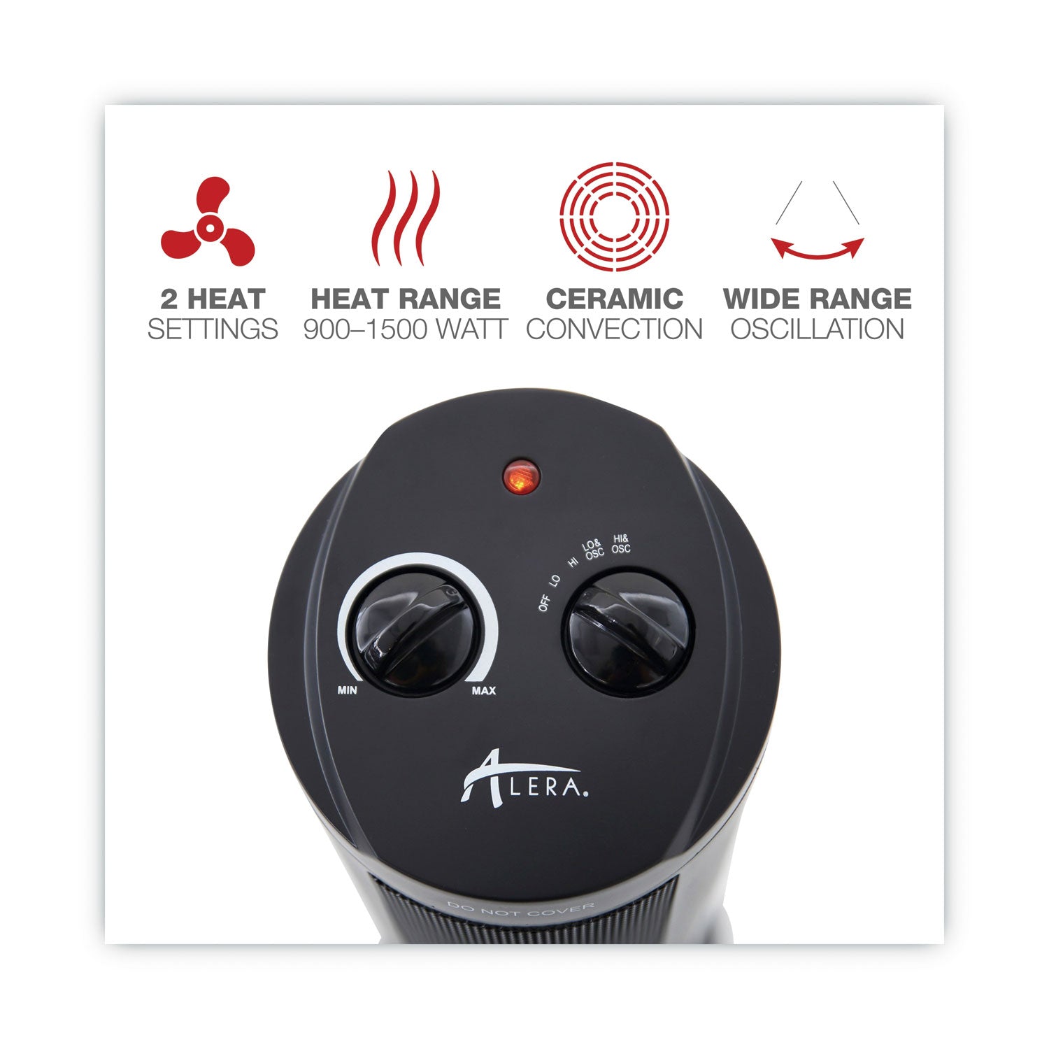 Alera® 1500W Mini Tower Ceramic Heater - Compact 7.37 x 7.37 x 17.37 Inches Space Saving Design - Black - Perfect for Office, Bedroom & Small Spaces