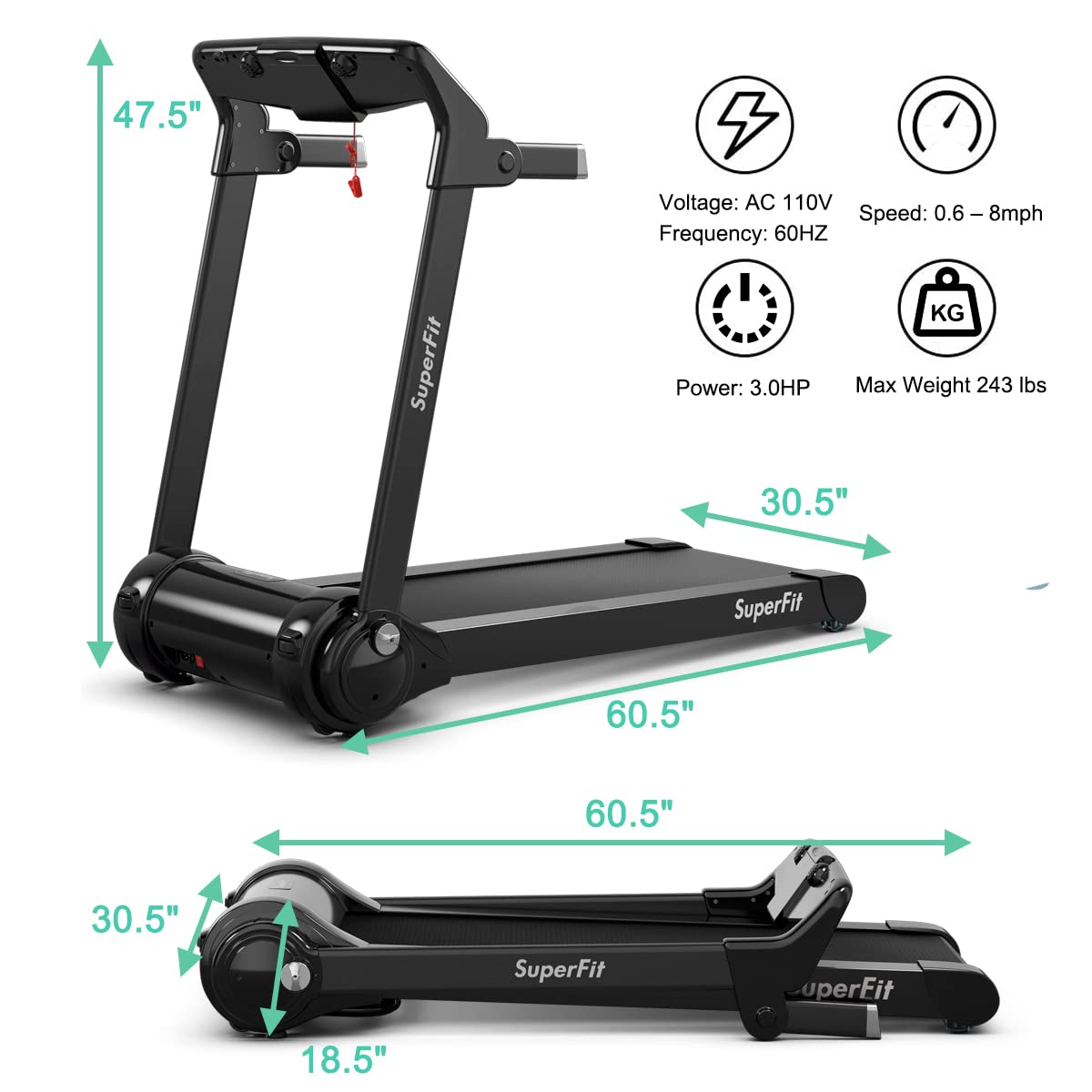 GYMAX Folding Treadmill - 3.0HP Quiet Running Machine with Bluetooth Speaker, HD Touchscreen & Smart App Control for Home & Office | Perfect for Cardio Workouts, Indoor Jogging & Walking Exercises