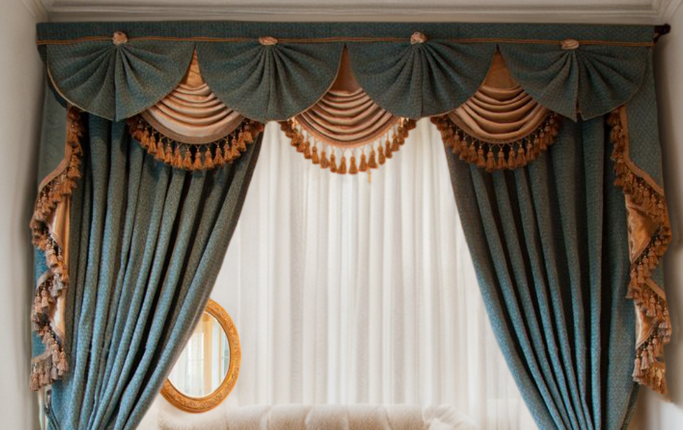 Luxury Fan Style Velvet Valance - Green and Pink - Elegant Window Treatment for Bedroom & Living Room Décor