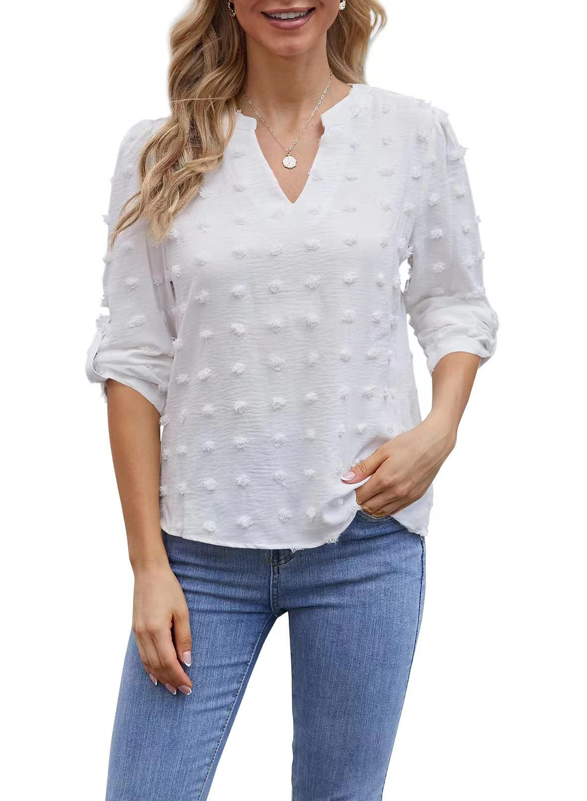 Pkabogbi Women's Casual V-Neck Long Sleeve Blouse - Swiss Dot Loose Flowy Chiffon Top for Work, Office & Spring Outfits