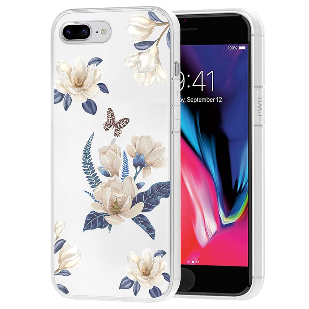 Premium Cute Clear Slim Shockproof TPU Rubber Phone Case for iPhone 7 Plus/8 Plus - Floral Design Protective Cover for Women & Girls - Perfect for Everyday Use, Work & Travel (White Flower Pattern)