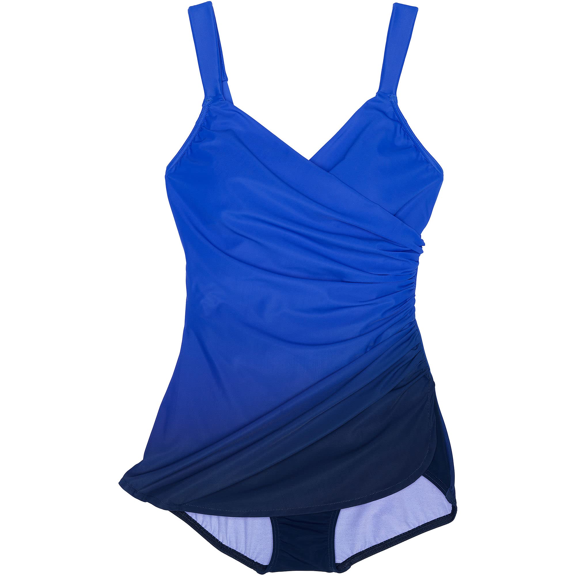 Lands' End Women's Slender Suit V-Neck Tunic One Piece Swimsuit - Electric Blue/Navy Ombre D-Cup Size 10 | Flattering Swimwear for Beach, Pool & Vacation
