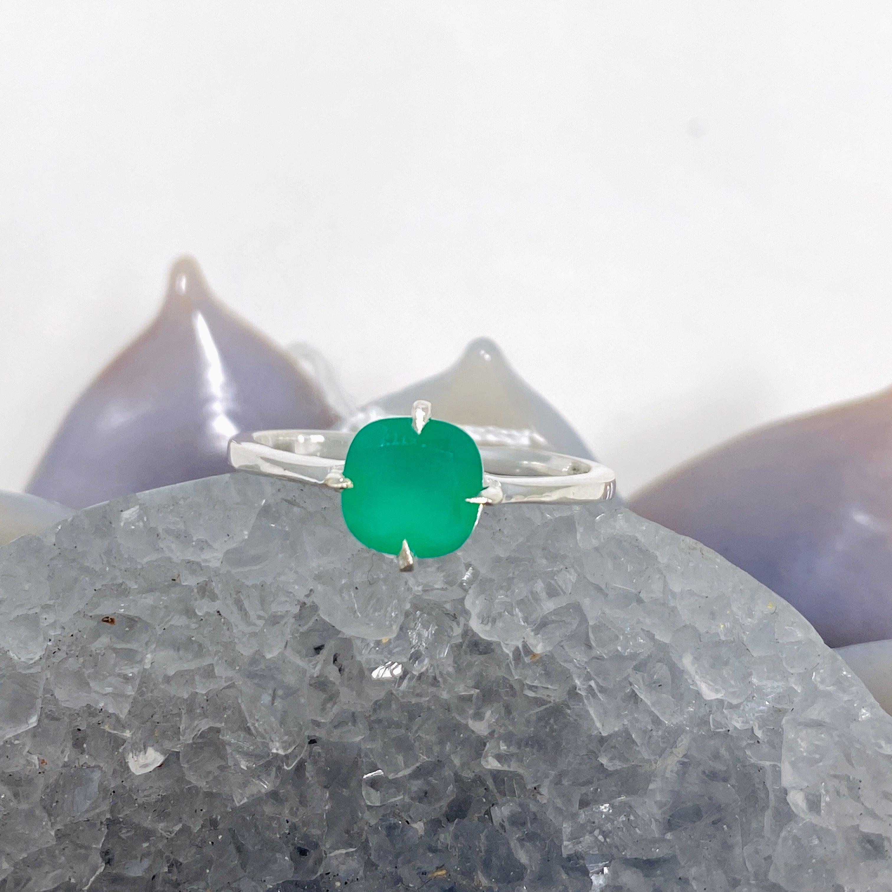 Green Chalcedony Faceted Square Solitaire Ring R4806 - Elegant Jewelry for Women, Perfect for Weddings, Anniversaries & Special Occasions