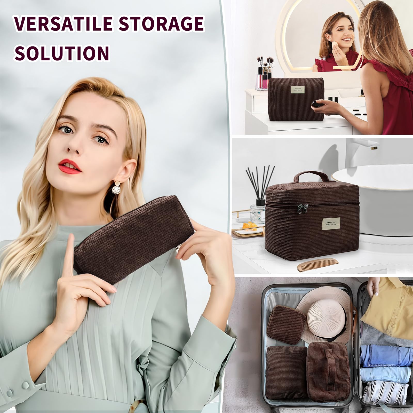 4 Pack Corduroy Makeup Bags for Women - Aesthetic Cute Cosmetic Organizer Set with Zipper, Multi-Size Travel Toiletry Pouches (Khaki) | Perfect for Travel, Gym & Daily Beauty Essentials Storage