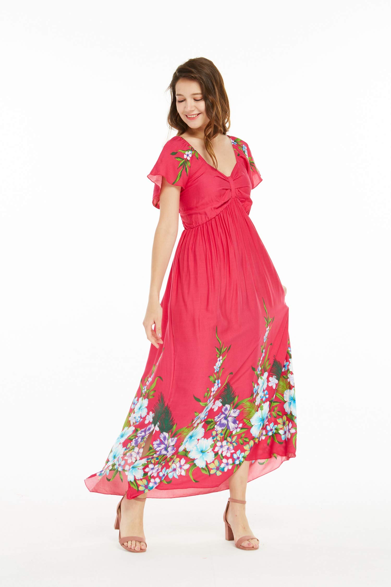 Women's Floral Hawaiian Maxi Dress with Ruffle Sleeves - Tropical Beach Vacation, Summer Party & Boho Chic Outfit