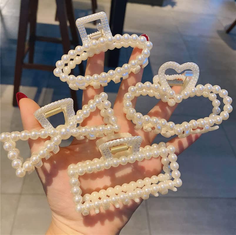 BELICIA Large Pearl Hair Claw Clips for Women - 4 Pack White Hair Barrettes for Thick & Long Hair - Elegant Hair Accessories for Women & Girls - Perfect for Weddings, Parties & Everyday Styling