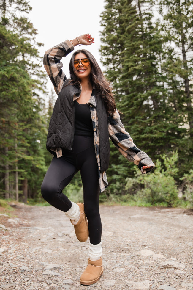 Wind Down Black and Tan Fleece Plaid Shacket - Cozy Overshirt for Men & Women | Perfect for Fall & Winter Layering, Outdoor Adventures & Casual Wear | FINAL SALE