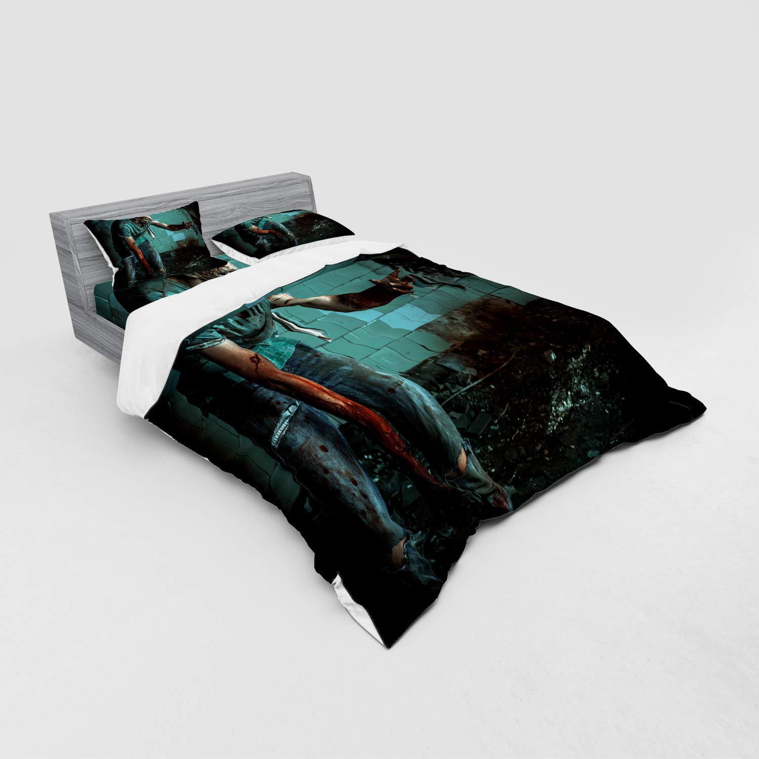 Ambesonne Zombie Duvet Cover Set - Dead Man in Abandoned House Horror Fantasy Art Bedding (Queen Size, Teal & Charcoal Grey) | 4-Piece Set with Shams & Fitted Sheet | Perfect for Halloween Decor, Horror Theme Bedroom, or Gift for Zombie Lovers