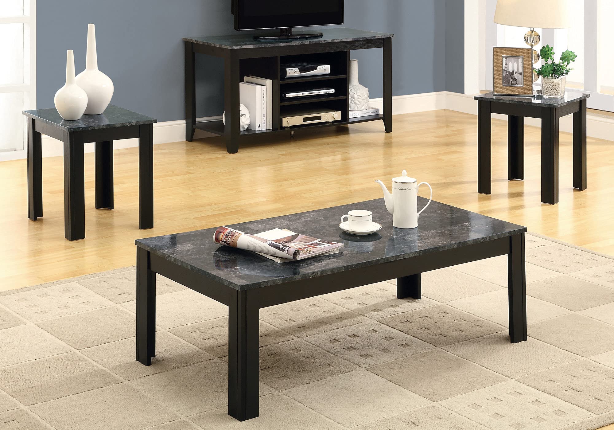 Monarch Specialties 7843P Grey Marble Look Laminate Coffee Table Set - 3-Piece Living Room Furniture with Side & End Tables, Black Transitional Design, 44