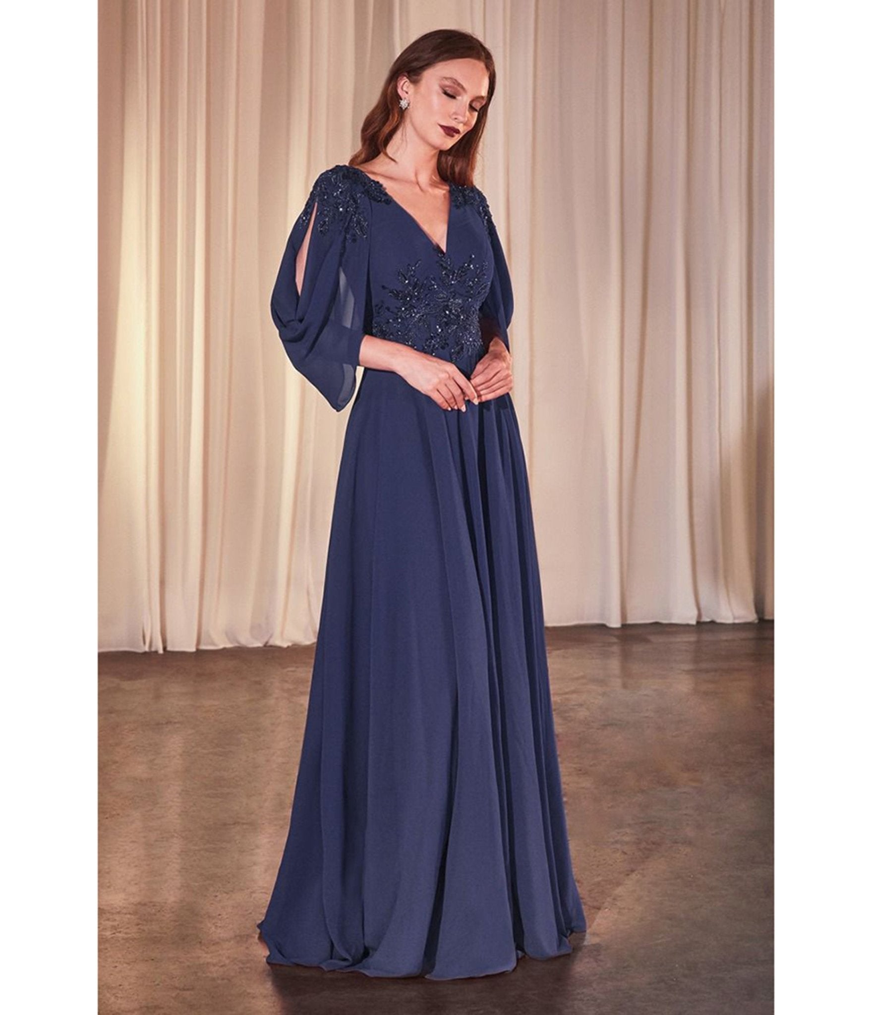Ladivine by Cinderella Divine Navy Blue Chiffon Cowl Sleeve A-Line Prom Dress for Homecoming, Evening Gala & Special Occasions