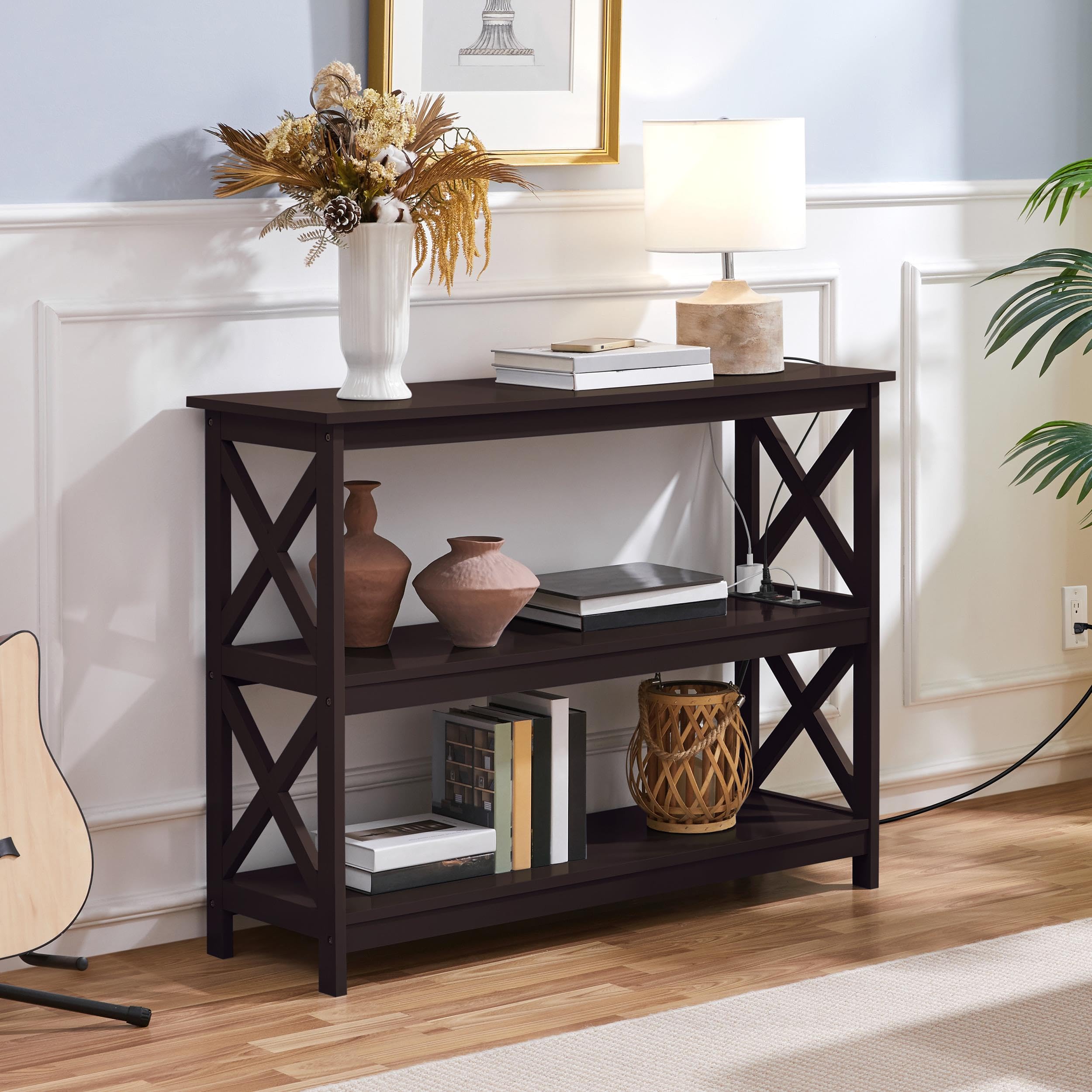 Yaheetech 3-Tier Narrow Console Table with Power Outlet & Storage Shelves - Wooden Entryway Sofa Table for Living Room, Hallway, Bedroom - Perfect for Small Spaces & Charging Devices