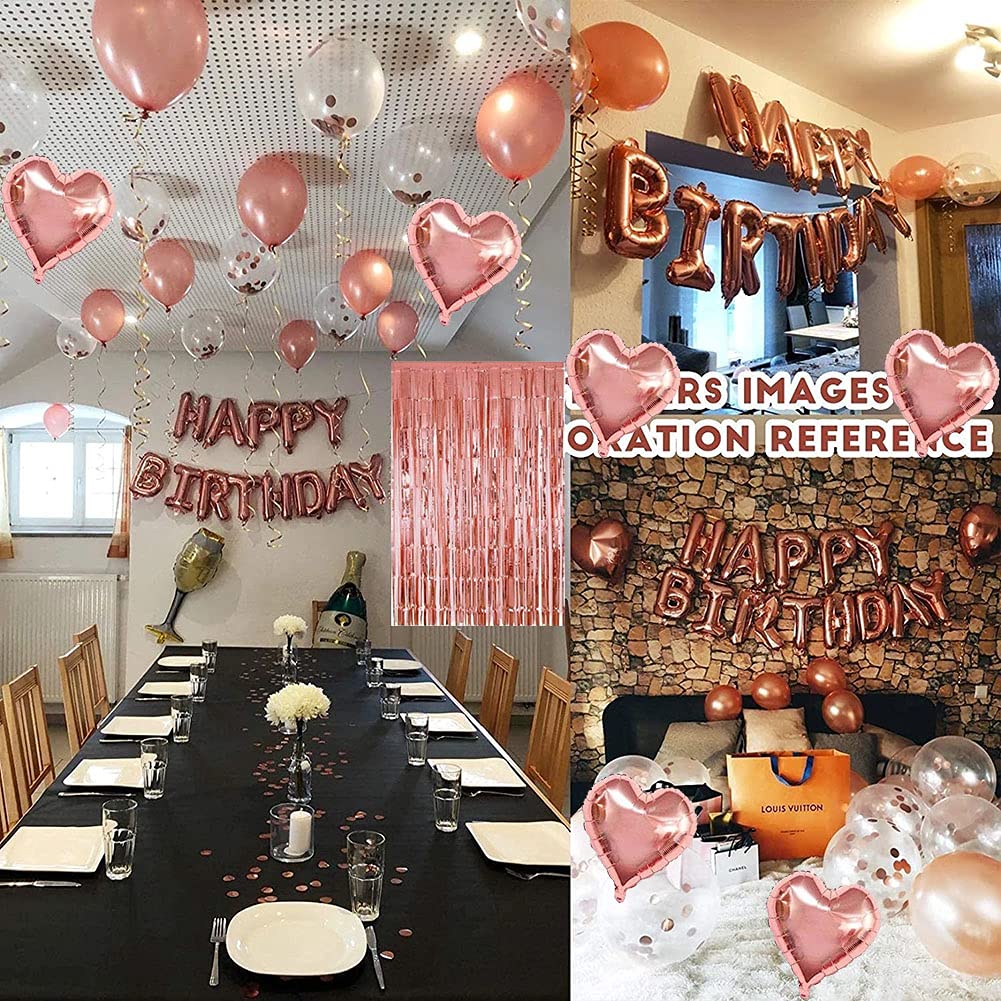 Morofme Rose Gold Birthday Party Decorations Set - Happy Birthday Balloon Banner, Confetti, Latex Balloons, Heart Foil Balloon & Fringe Curtain - Perfect for Birthday Parties, Baby Showers & Bridal Showers