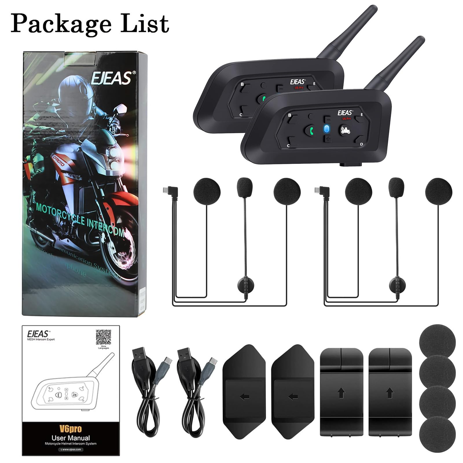 V6 Pro Motorcycle Helmet Bluetooth Intercom Headset - 1200M Range, 2-Person Full Duplex, Wireless Motorbike Communication System (Connect Up to 6 Riders) - Perfect for Motorcycling, Skiing, Climbing & Outdoor Adventures (2 Pack)