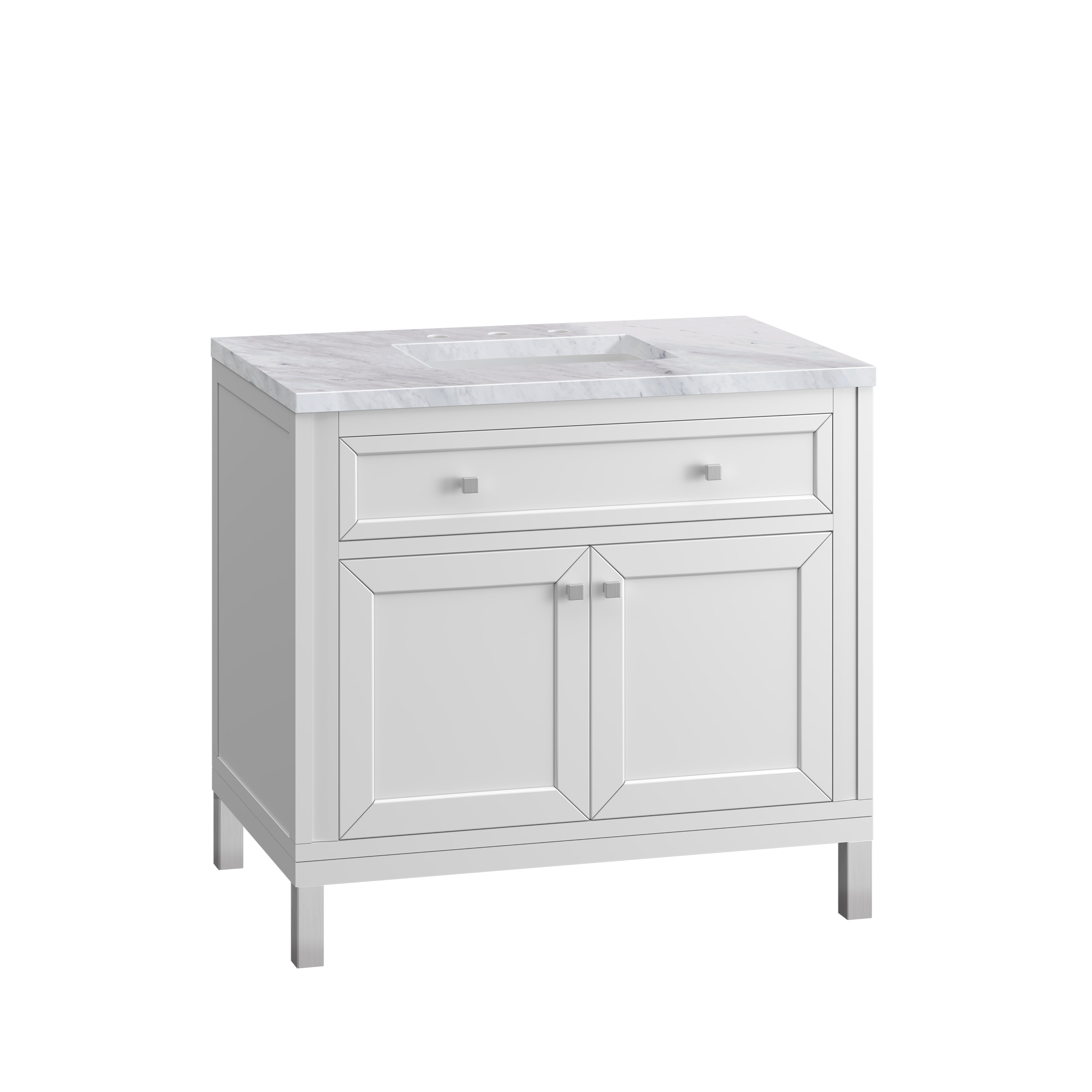 Chicago 36 Inch Single Bathroom Vanity Set with Glossy White Finish & 3CM Carrara Marble Countertop – Perfect for Modern Master Bathrooms & Powder Rooms