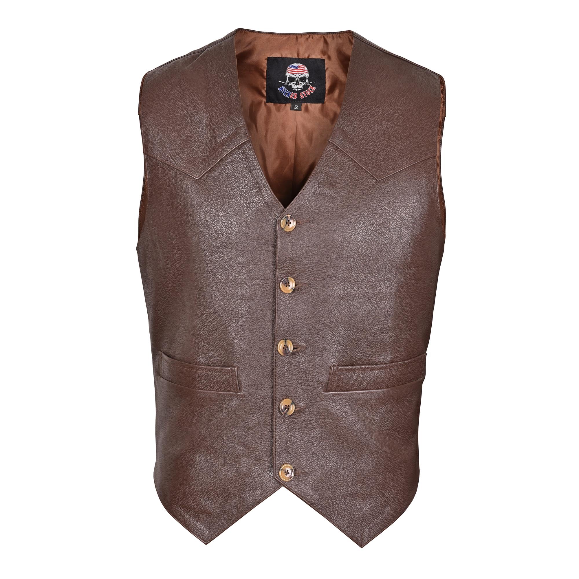 WICKED STOCK Men's Brown Leather Motorcycle Vest - Classic Western Style Biker Jacket for Riding & Casual Wear