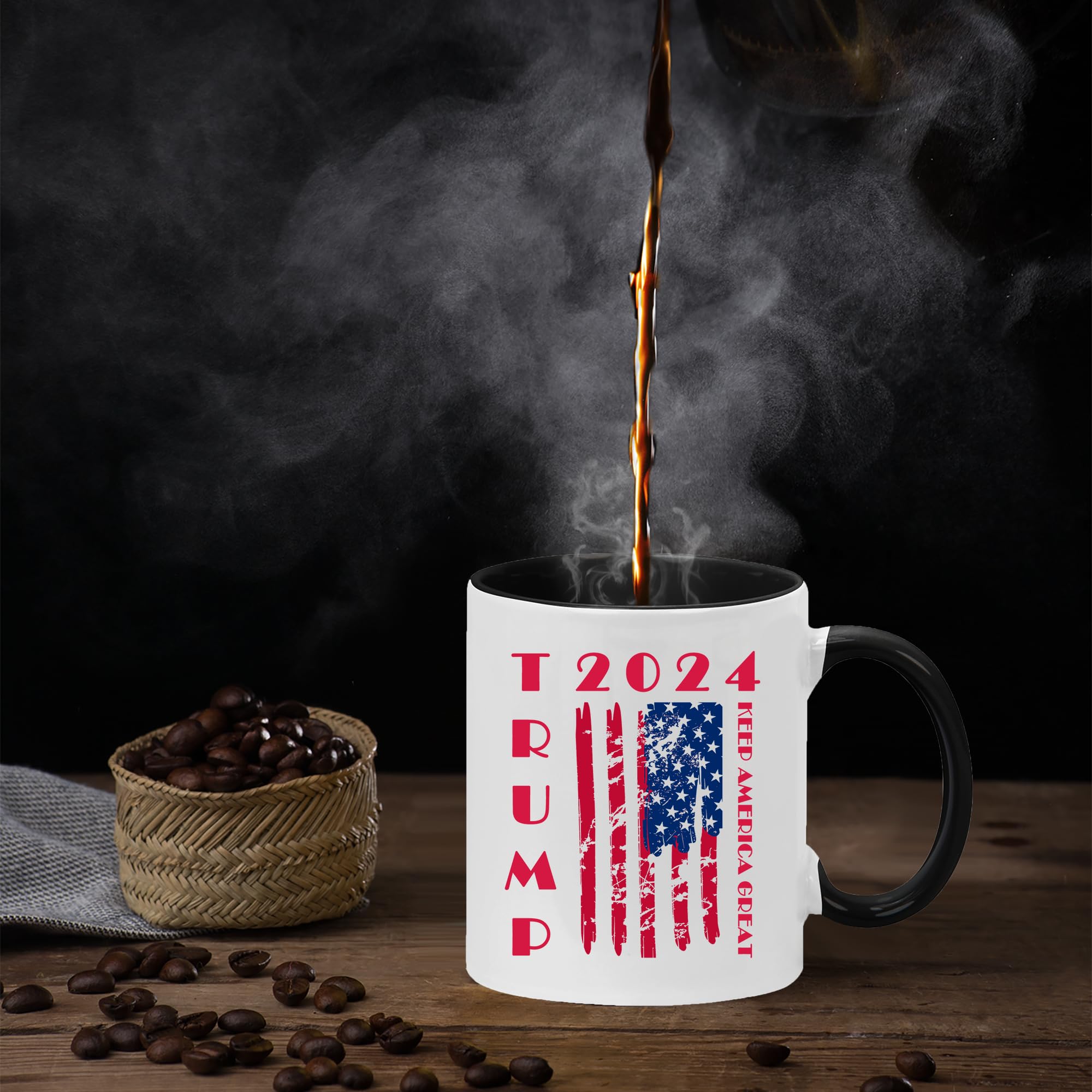 Kropsis Trump 2024 USA Flag Ceramic Coffee Mug - 15oz Black Political Campaign Travel Mug - Perfect for Home, Office & Conservative Gift Giving