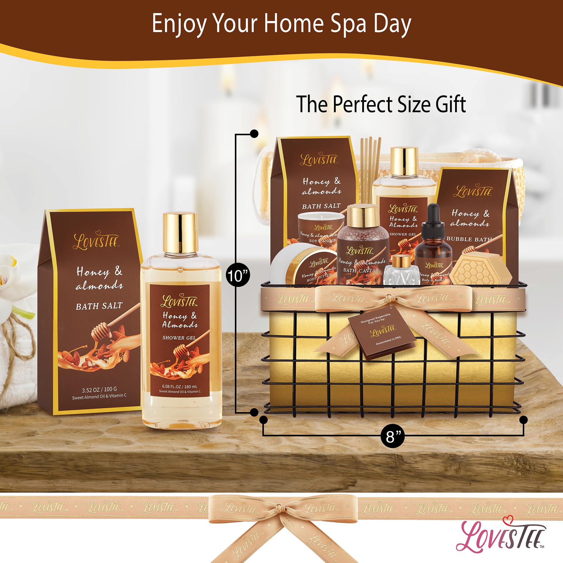 Luxury Honey Almond Spa Gift Basket for Women - Bath & Body Set with Shower Gel, Bubble Bath, Body Butter, Bath Salt, Oil, Candle, Soap & Diffuser - Perfect Mother's Day, Birthday & Relaxation Gifts for Home Spa Experience