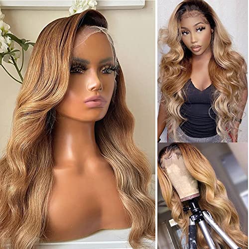 Ombre Natura Wave Human Hair Wigs - Dark Roots Lace Front Wigs with Baby Hair | Pre-Plucked 13x4 Glueless Brazilian Virgin Remy Hair | Bouncy Wavy Lace Wig for Women (12 Inch, #1B/27) | Perfect for Daily Wear, Cosplay, and Special Occasions