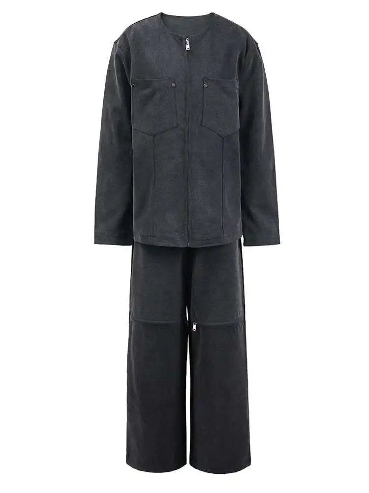 Women's Big Size Denim Jacket & Wide Leg Pants Two-Piece Set - O Neck Long Sleeve Fashion Outfit for Spring & Autumn 2025 (CPG1262) | Casual Wear, Street Style & Office Chic