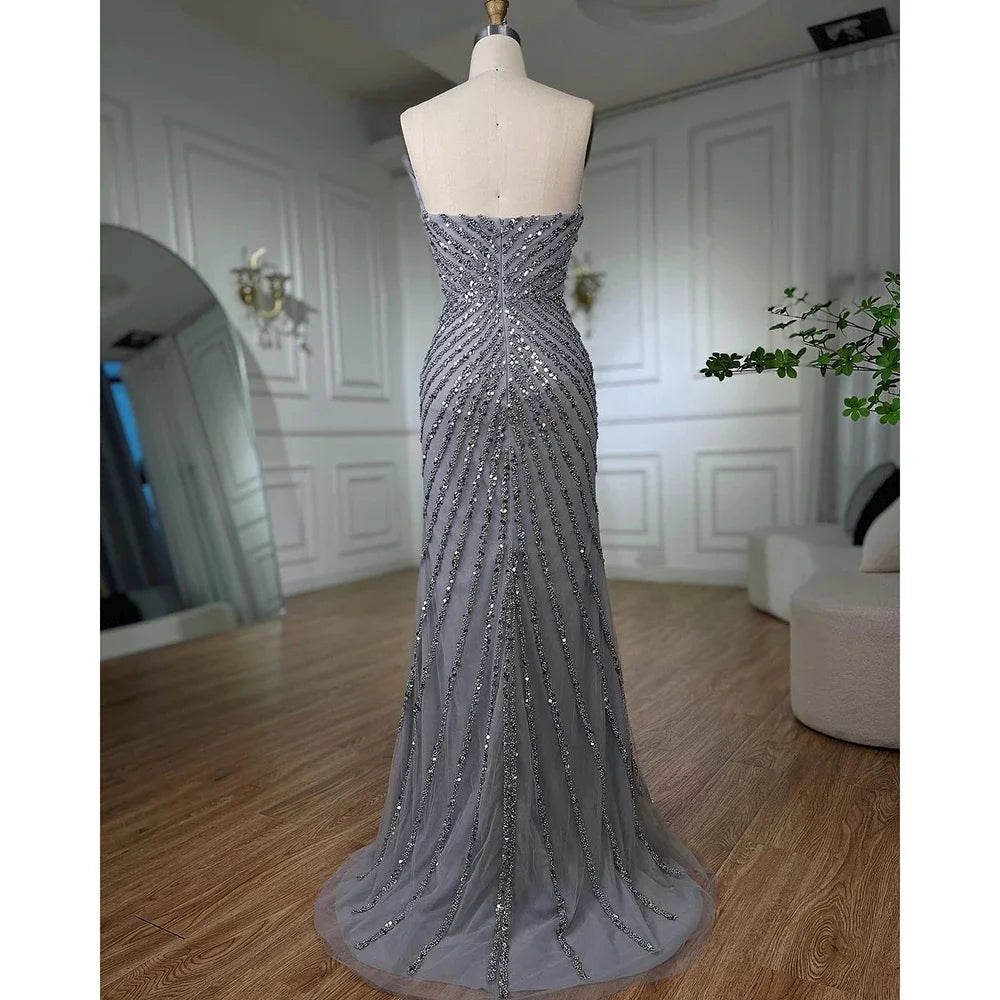 Elegant Green Mermaid Evening Gown with High Split & Off-Shoulder Beaded Design - Luxury Dubai Party Dress for Women 2025 (LA72049) | Perfect for Prom, Gala, Wedding & Formal Events