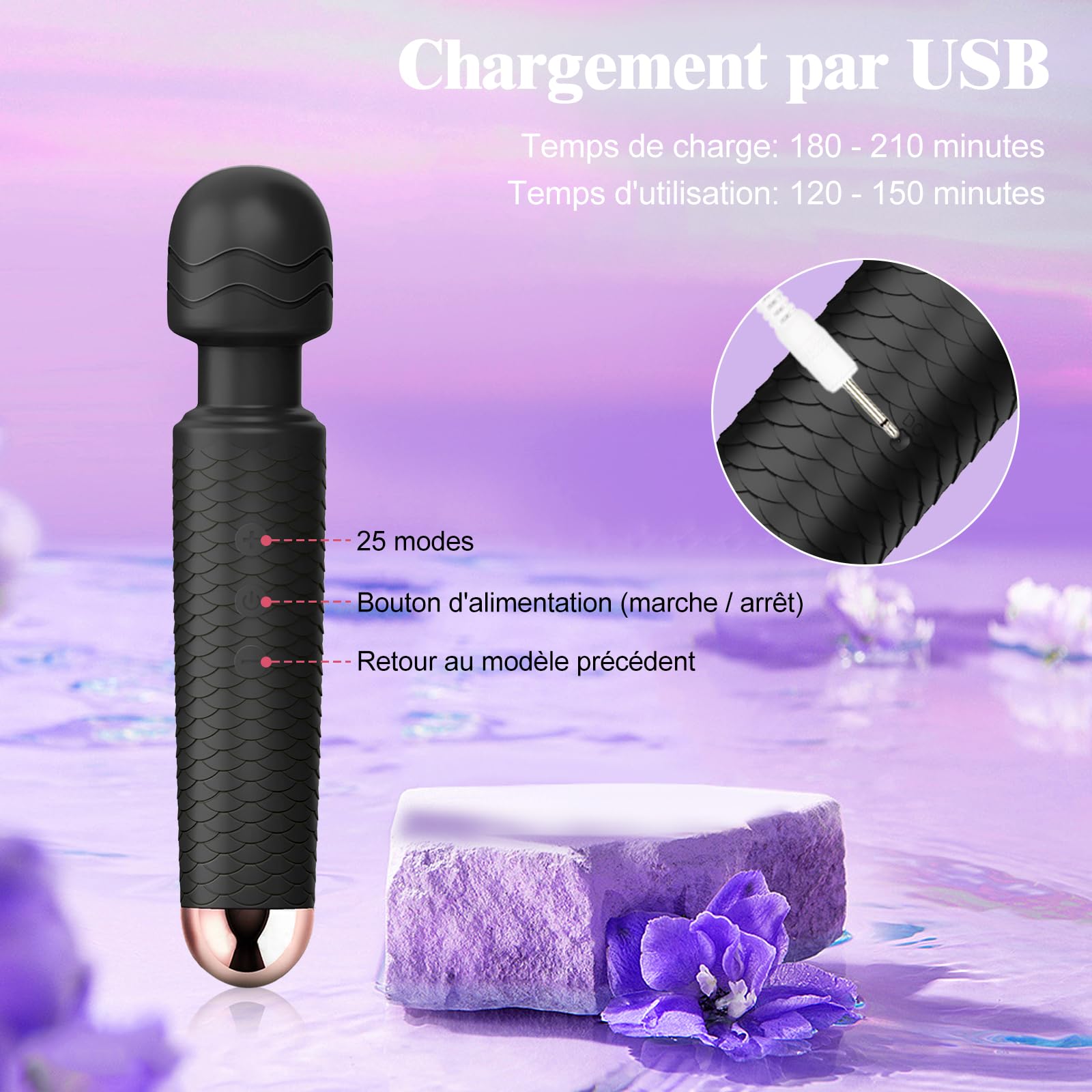 YICOCO Powerful Rechargeable Wireless Electric Wand Massager with 25 Vibration Modes - USB Charging Clitoral Stimulator for Women & Couples - Perfect for Solo Play, Couples Intimacy & Relaxation