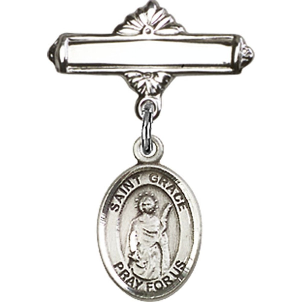 Sterling Silver Baby Badge with St. Grace Charm - Polished 1 X 5/8 Inch Pin - Perfect for Christening Gifts, Baby Showers & First Communion Jewelry