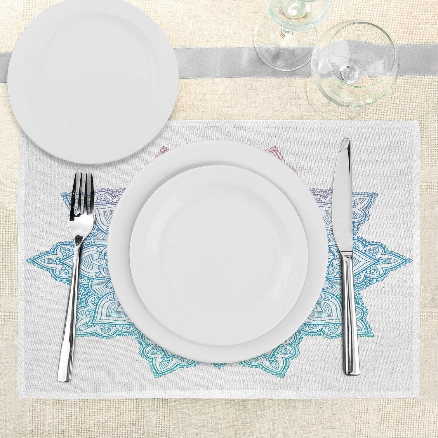 Ambesonne Lotus Place Mats Set of 4 - Bohemian Tattoo Style Mandala Floral Design, Washable Fabric Placemats for Dining Table & Kitchen Decor in Lilac & Pale Blue | Perfect for Boho Home Decor, Dinner Parties & Everyday Use