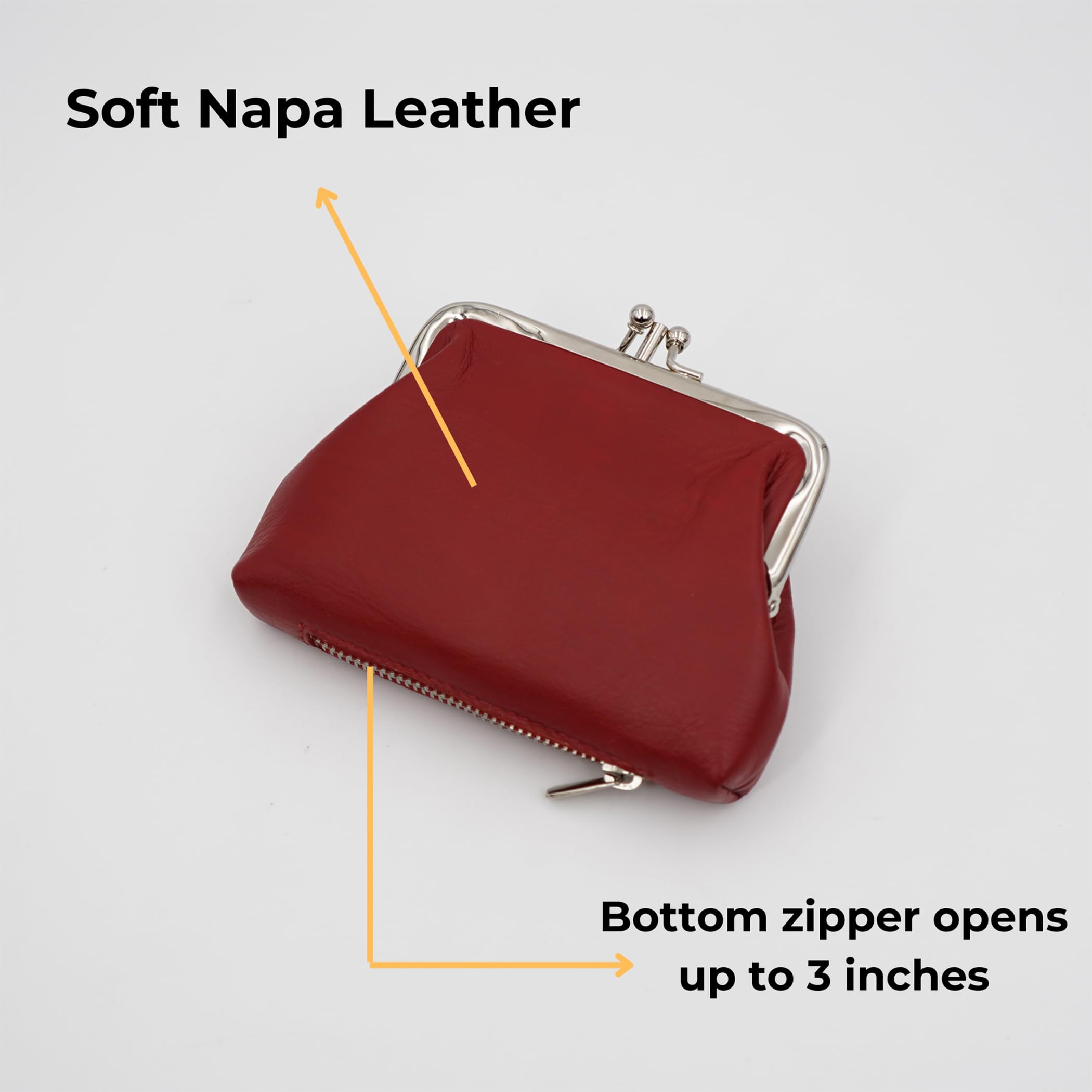 AG Wallets for Women - Soft Leather Coin Purse with Metal Kiss Lock & 2 Zipper Pockets | Holds Folded Cash, Credit Cards & Loose Change | Perfect for Everyday Use, Travel & Shopping