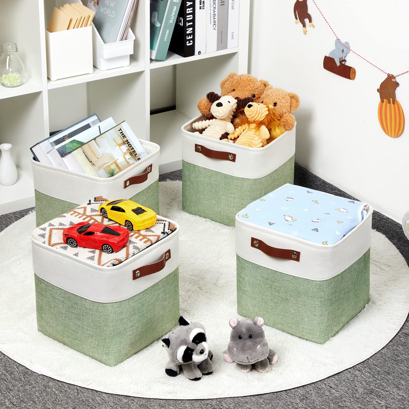 HNZIGE 11x11 Inch Fabric Cube Storage Bins - Set of 4 Foldable Organizer Baskets with Handles for Shelves, Closet, Nursery & Bedroom - Perfect for Home Organization, Toys & Clothes Storage (Green & White)