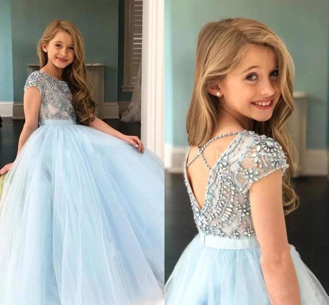 Emmani Girls Tulle Pageant Dress with Rhinestones & Beaded Flowers - Elegant Kids Birthday Party Gown for Weddings, Pageants, Special Occasions & Photo Shoots