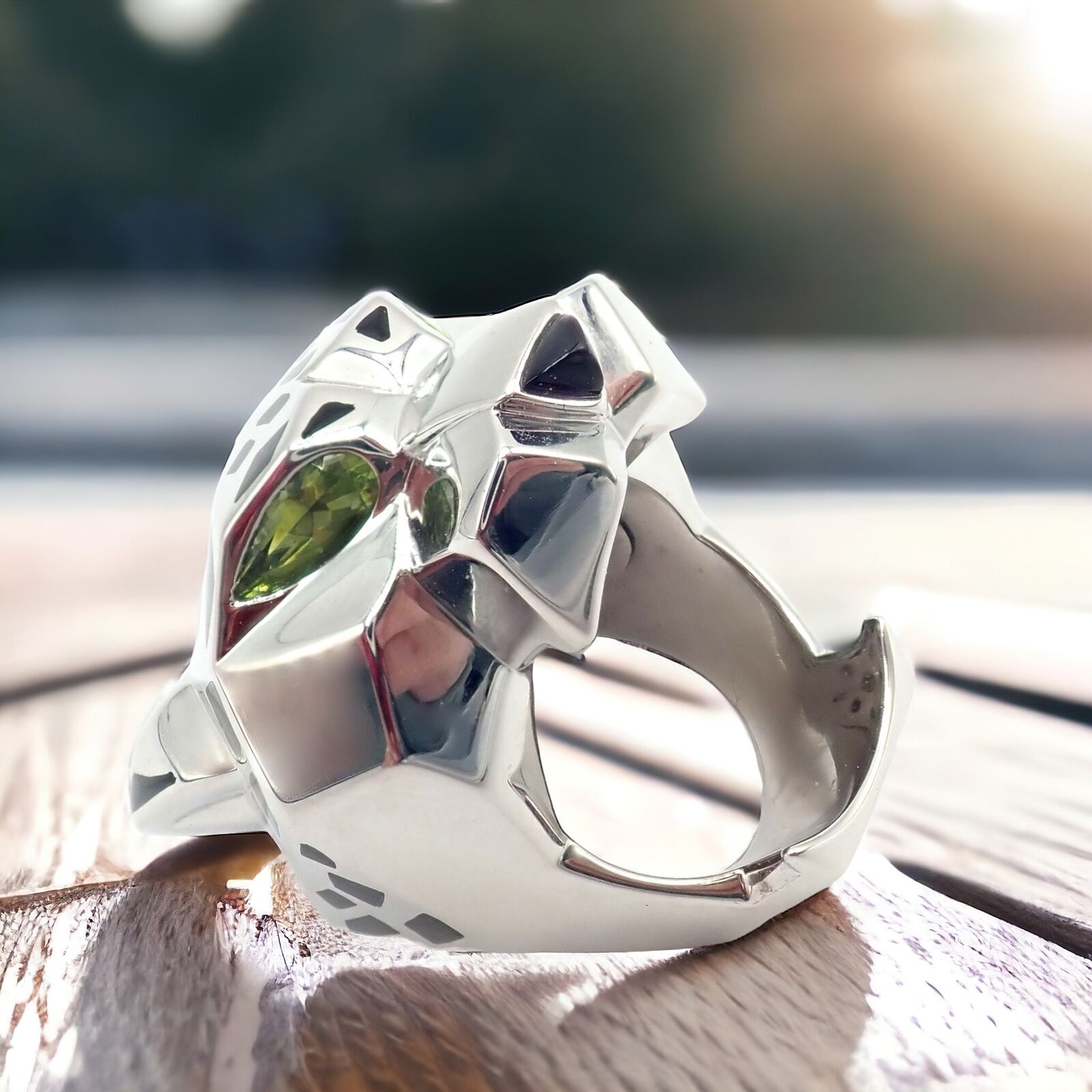 Cartier Panther Panthere 18K White Gold Ring with Peridot, Onyx & Lacquer - Large Size with Certification - Perfect for Luxury Gifts, Anniversary & Special Occasions