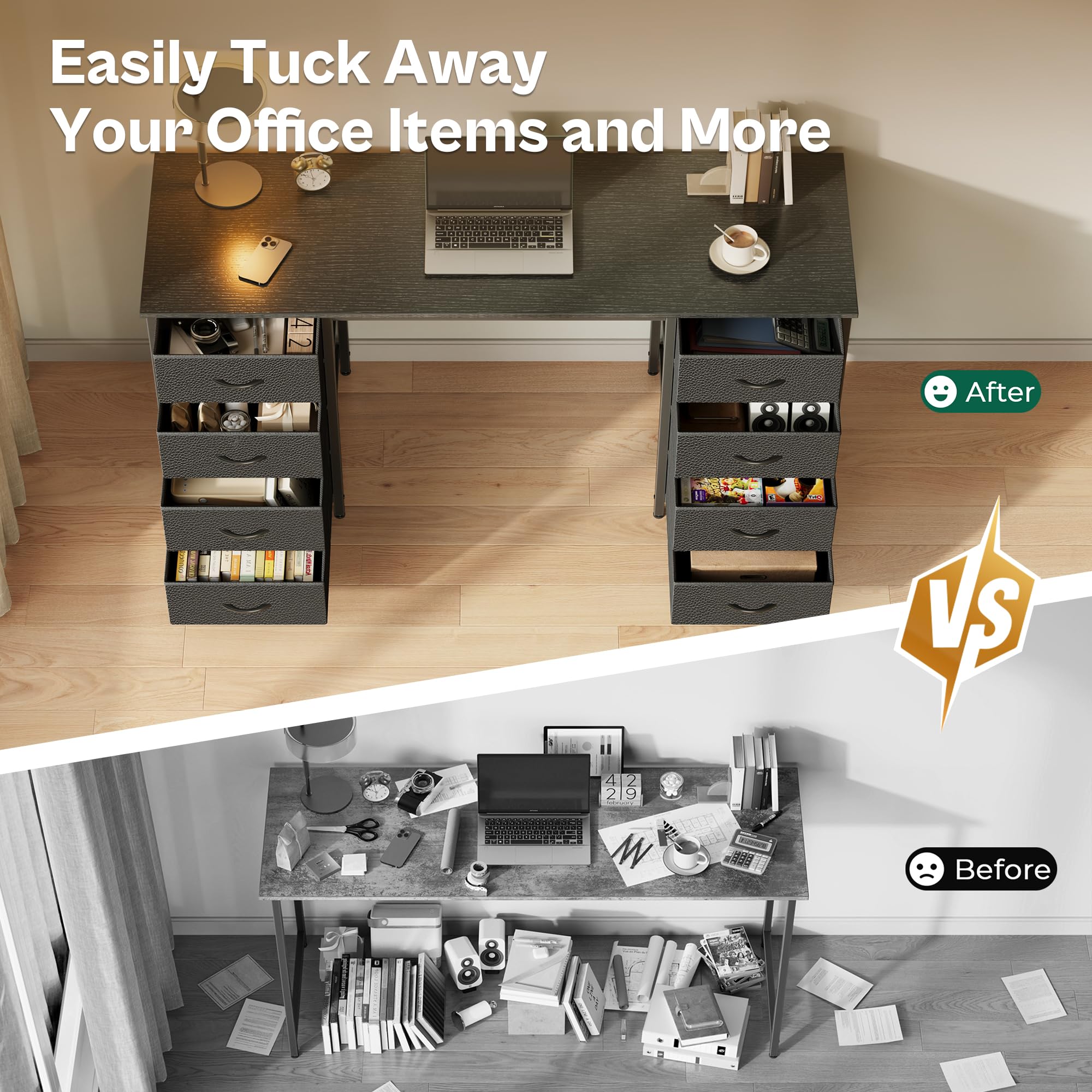 Huuger 55 Inch Computer Desk with 8 Fabric Drawers - Large Home Office Desk for Work, Study & Gaming - Black Storage Desk with Drawers | Perfect for Small Spaces, Remote Work & Gaming Setups