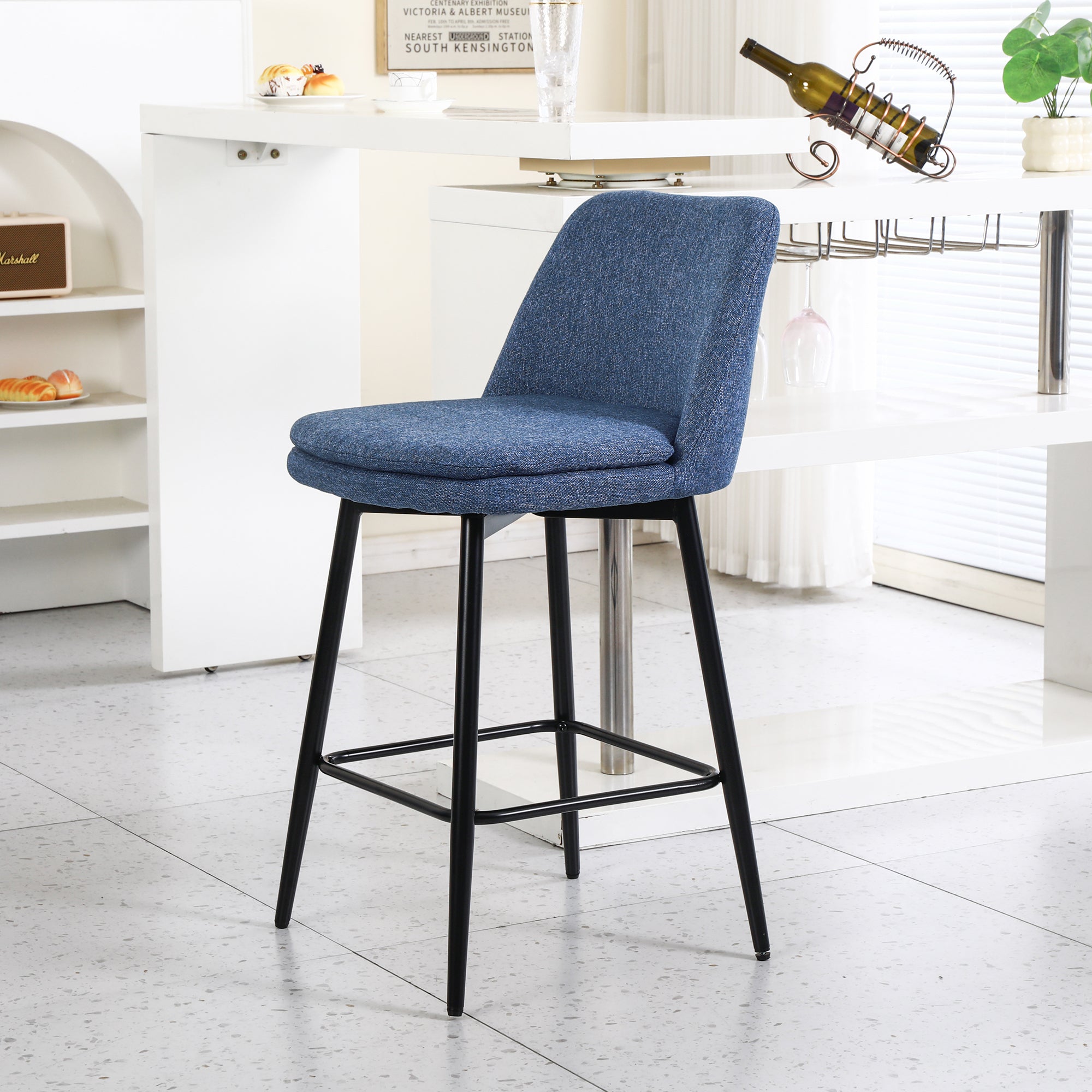 360° Swivel Counter Height Bar Stools Set of 2 - Upholstered with Back Support & Sturdy Metal Legs, 25.6
