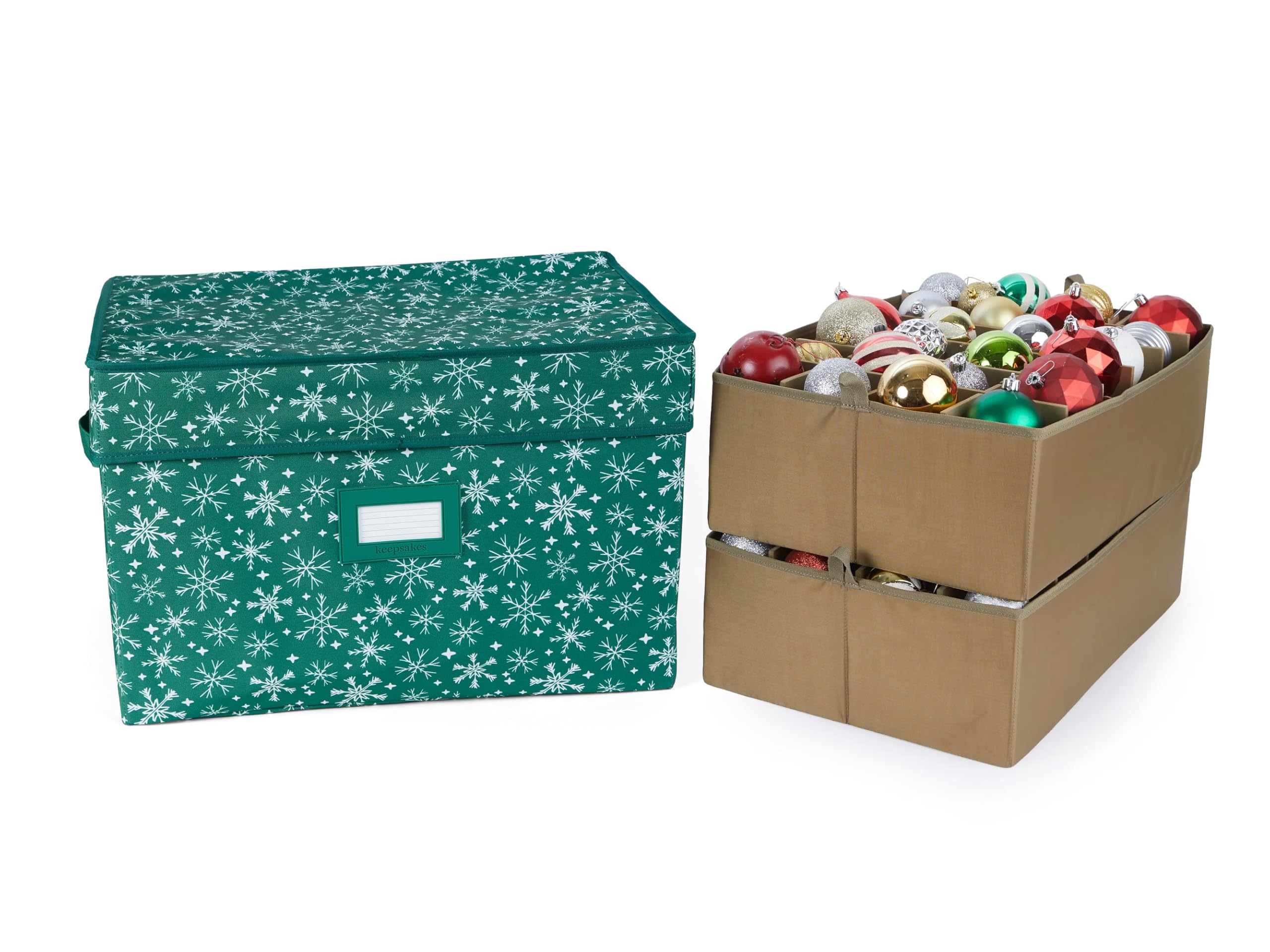 Covermates Keepsakes Adjustable Ornament Storage Box with Carrying Handles & Padded Protection - Holiday Decoration Organizer for Christmas Tree Ornaments (Green Snowflake Design) - Perfect for Seasonal Storage & Home Organization
