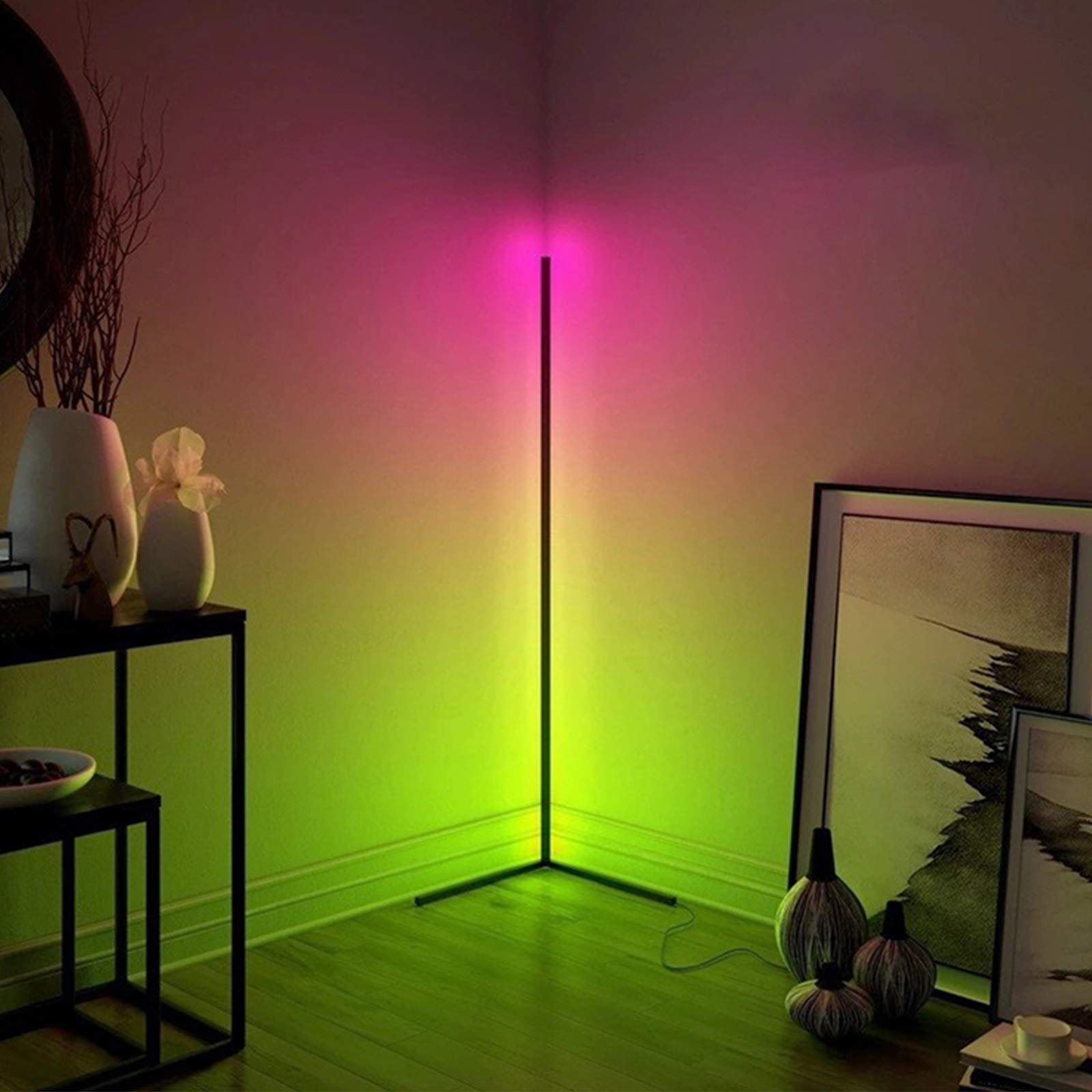 TBVECHI Modern Minimalist Corner Floor Lamp with RGB LED Lighting - Tall Standing Lamp for Gaming Room, Living Room, Bedroom Decor - Black (Color Changing) - Perfect for Ambient Lighting & Home Office Setup