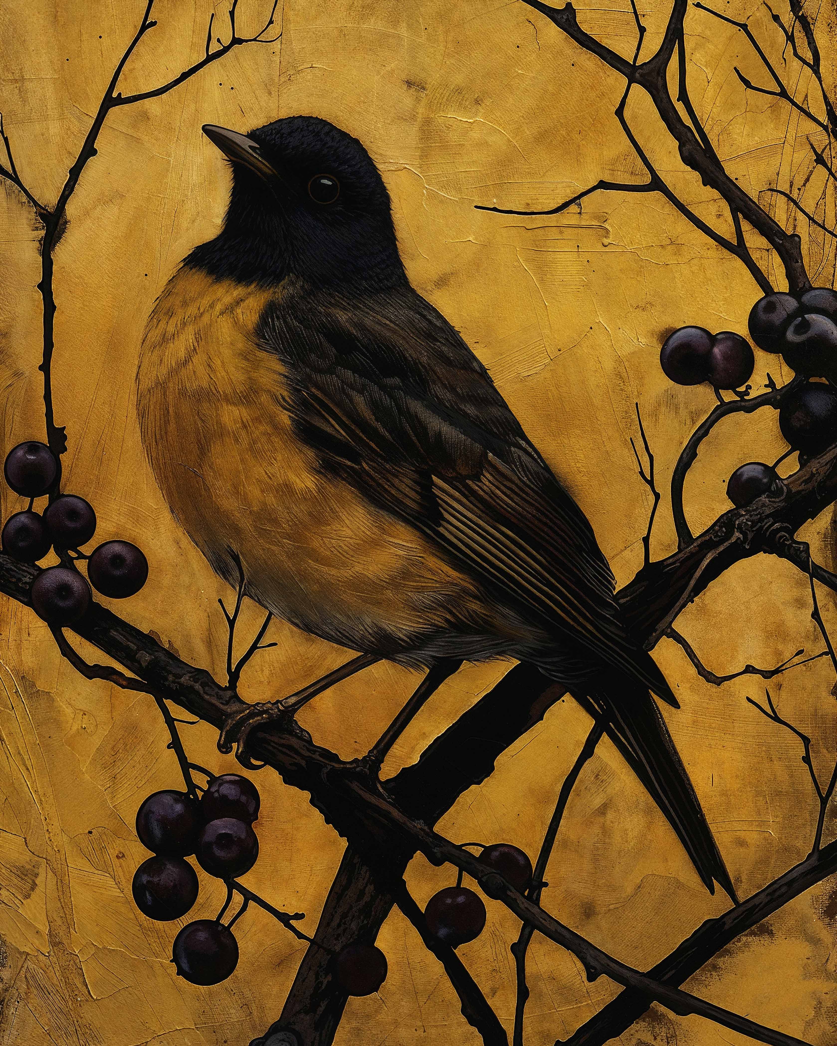 Golden Twilight Warbler Among Berries Limited Edition Canvas Wall Art - Nature Inspired Home Decor for Living Room, Bedroom & Office