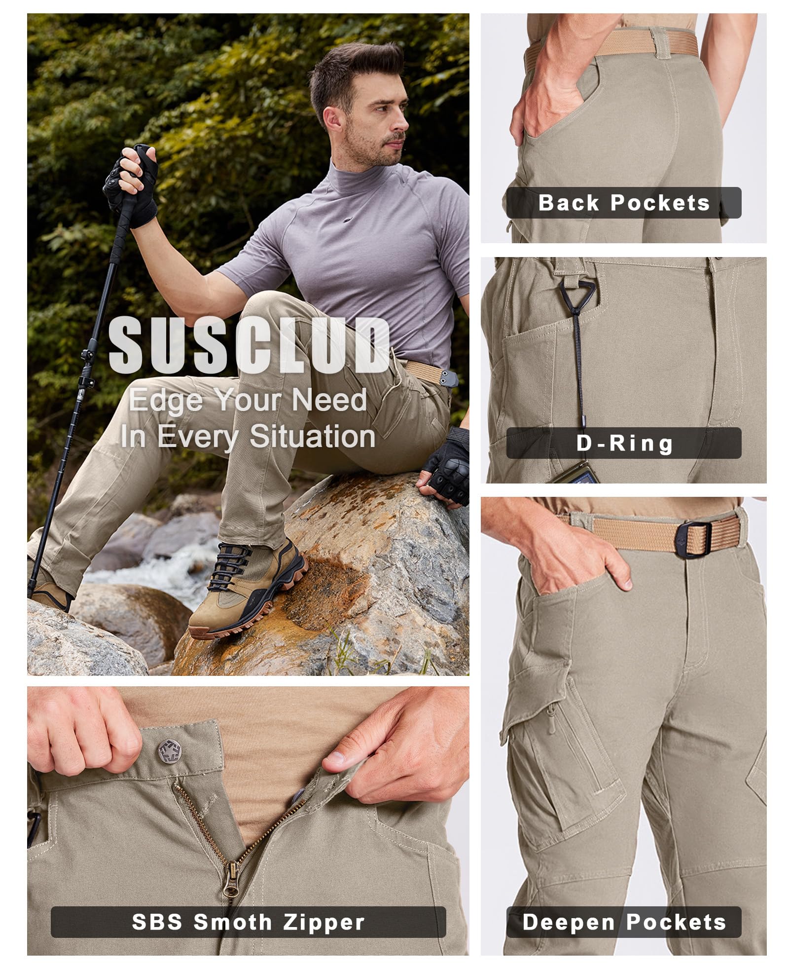 Susclude Men's Tactical Cargo Pants - Ripstop Military Combat Work Trousers for Outdoor Hiking & Adventure | Durable Outdoor Pants for Work, Tactical Training & Camping