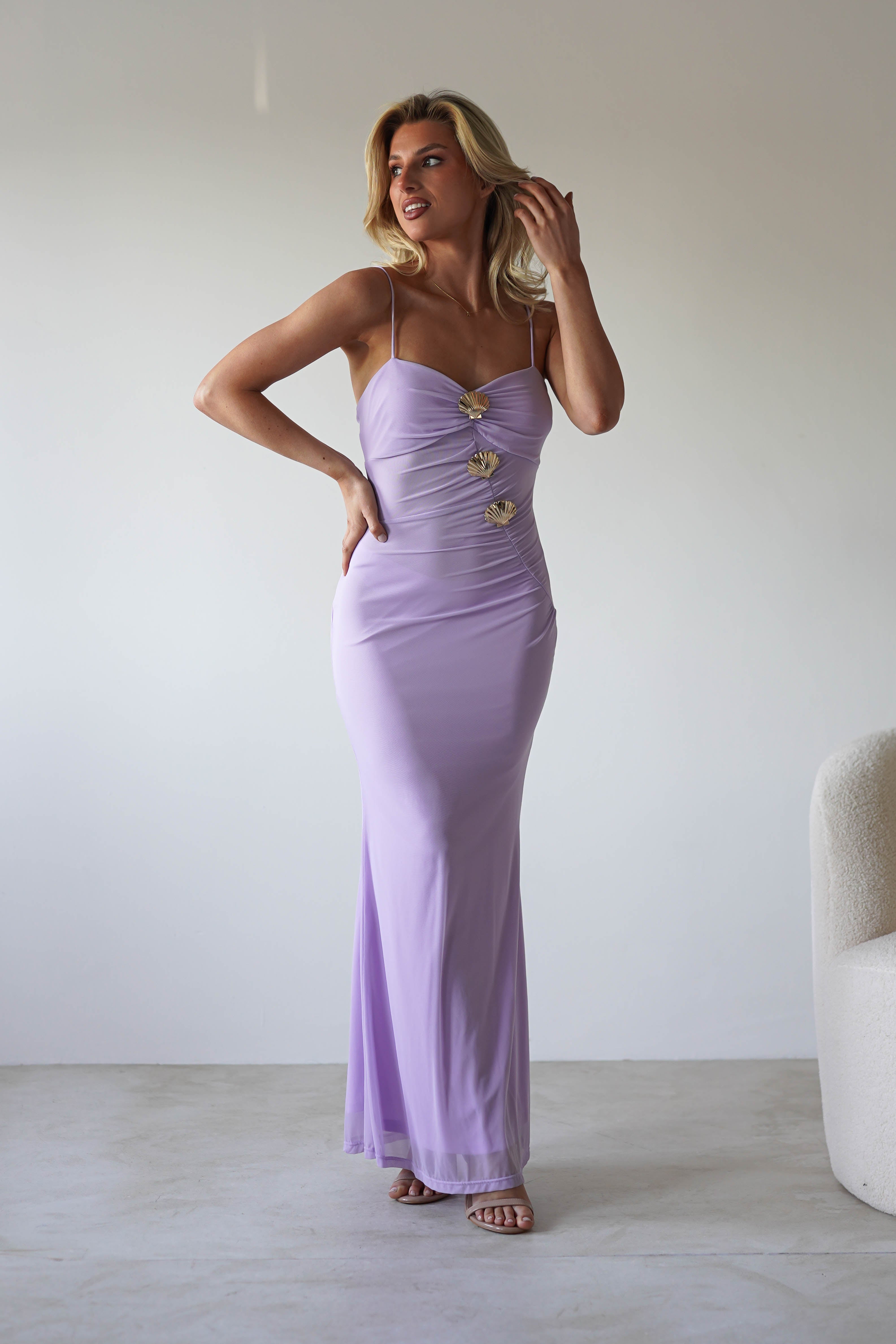 Melrose Mesh Shell Detail Maxi Dress - Elegant Floral Lace Long Dress for Women | Perfect for Weddings, Parties & Summer Outfits