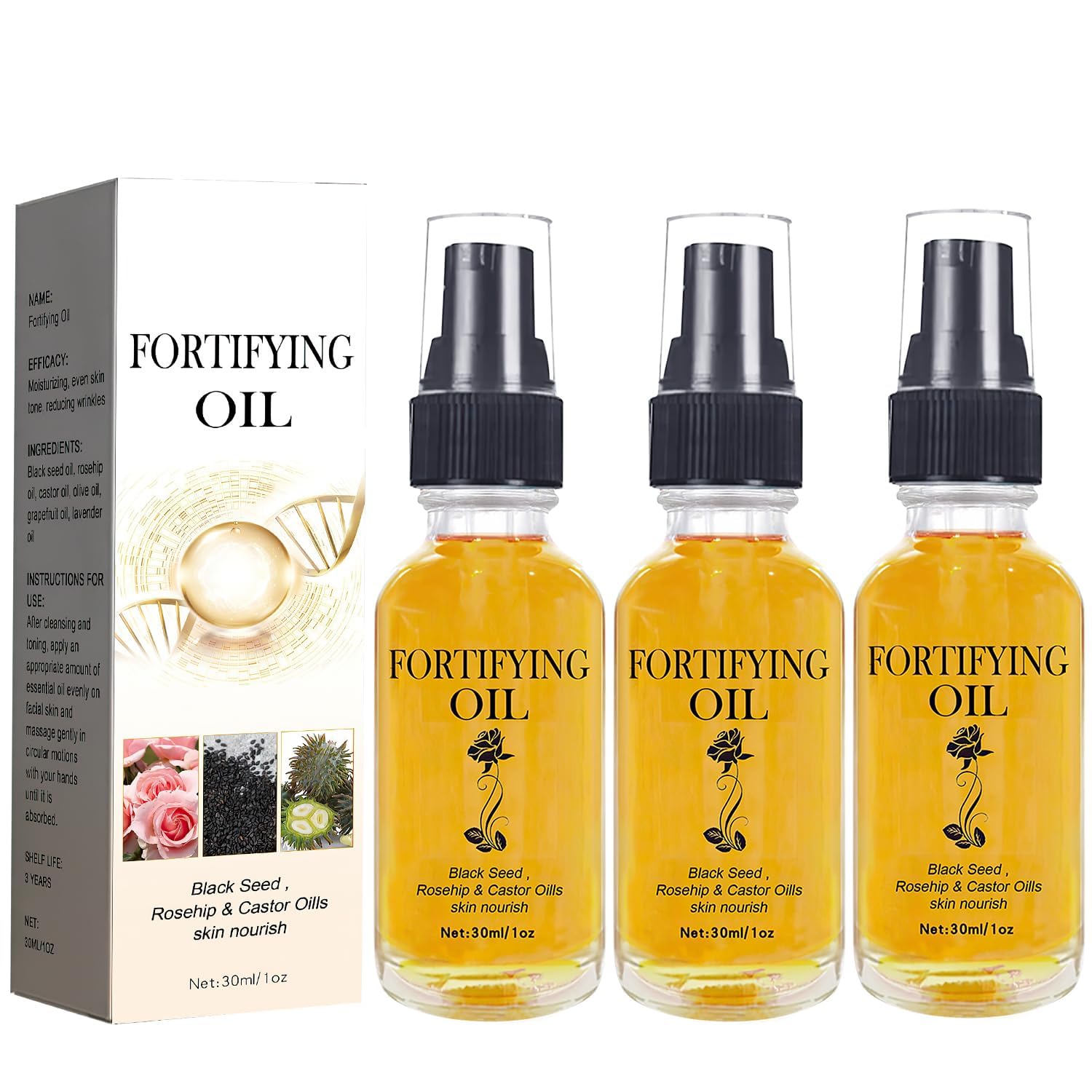 3Pcs Organic Rosehip Oil, Castor Oil & Black Seed Oil Facial Serum - Natural Face Moisturizer for Dry Skin, Anti-Aging & Glowing Skin Care - Perfect for Night Routine & Daily Hydration