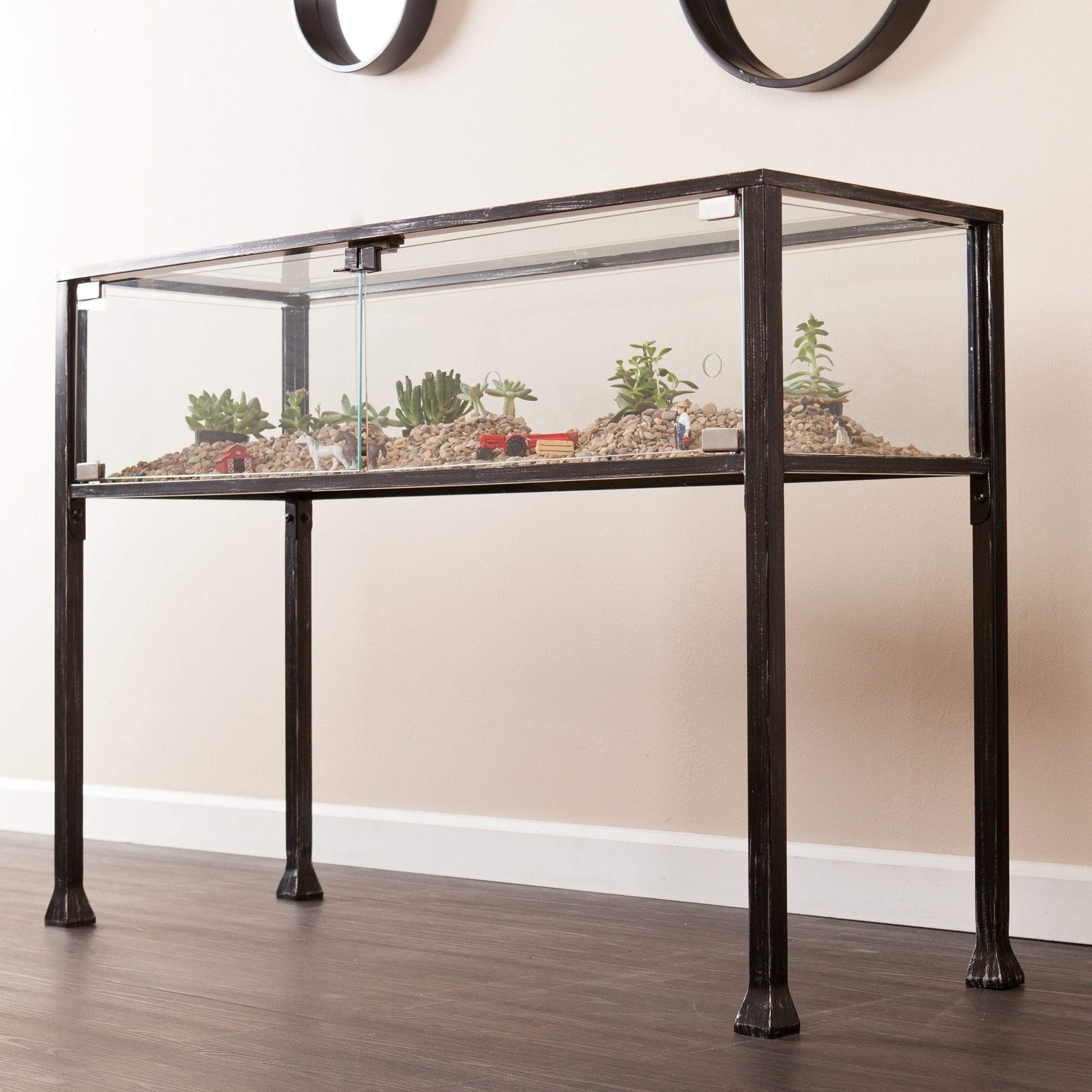 Black Metal Console Table with Glass Top - Silver Transitional Rectangular Sofa Table with Distressed Iron Finish & Storage | Perfect for Living Room, Entryway, or Displaying Terrariums
