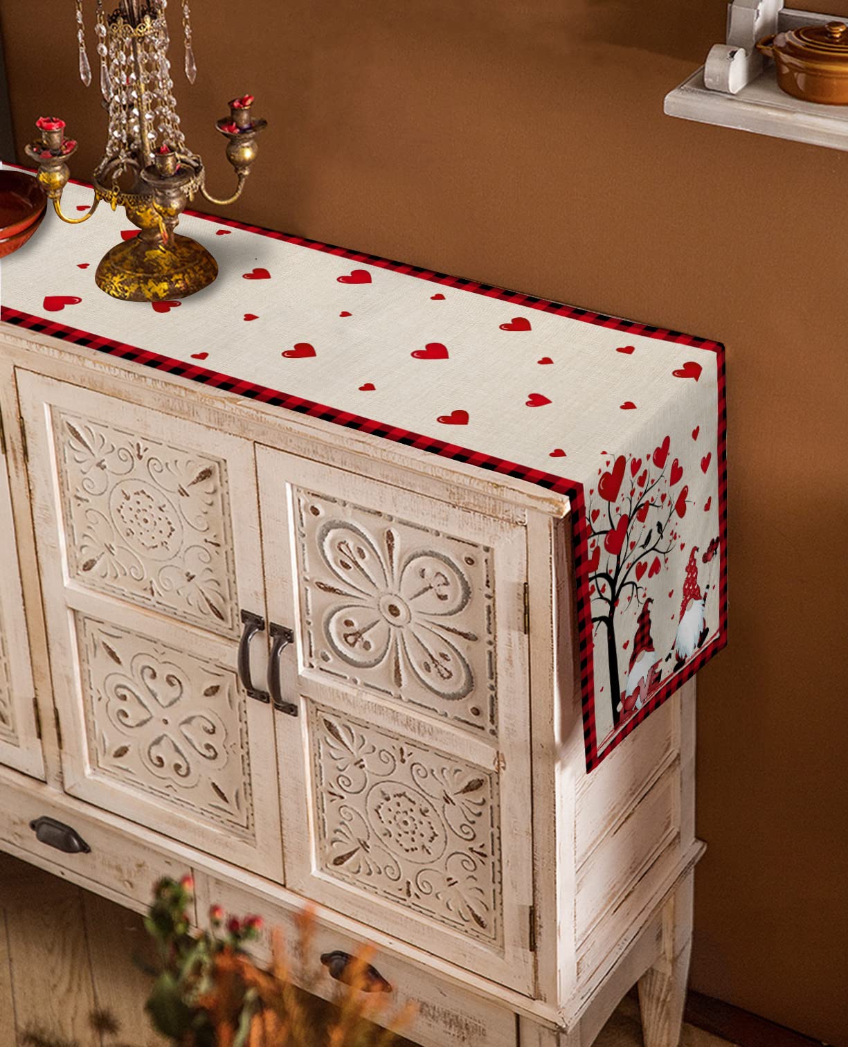 Valentine's Day Table Runner 120 Inches Long - Red and Black Buffalo Plaid with Love Tree & Gnome Design - Perfect for Kitchen, Coffee Table, Party & Home Decor (13x120 in) - Ideal for Valentine's Day Celebrations, Romantic Dinners & Holiday Gatherings