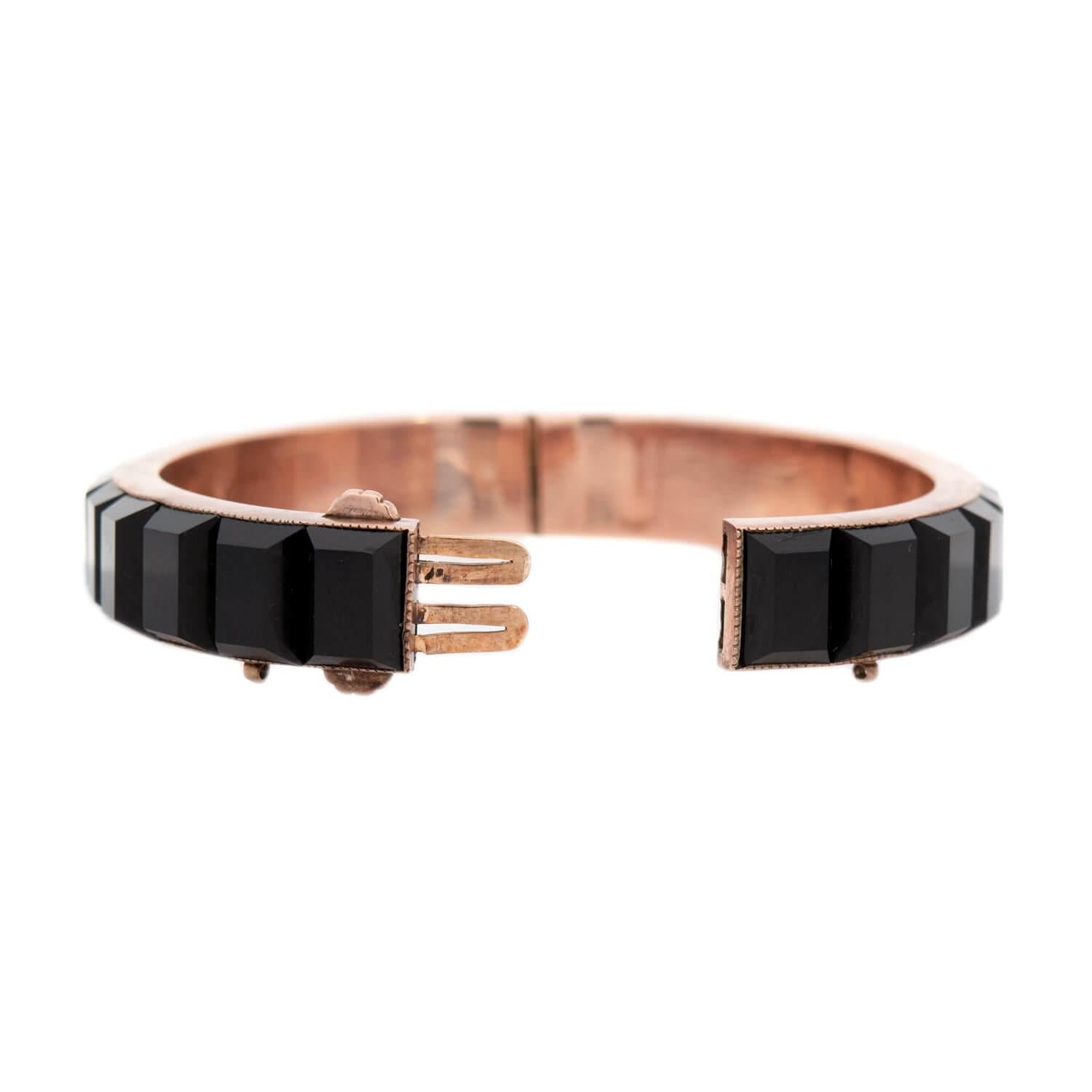Victorian Style 14k Gold Onyx Hinged Bangle Bracelet - Elegant Antique Jewelry for Women, Perfect for Weddings, Parties & Special Occasions