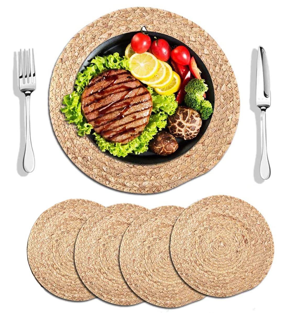 4-Piece Round Woven Placemats Set - 13.8 Inch Natural Wicker Rattan Charger Plates, Braided Water Hyacinth Straw Table Mats for Dining Table Decor, Kitchen, Wedding & Rustic Home Decor