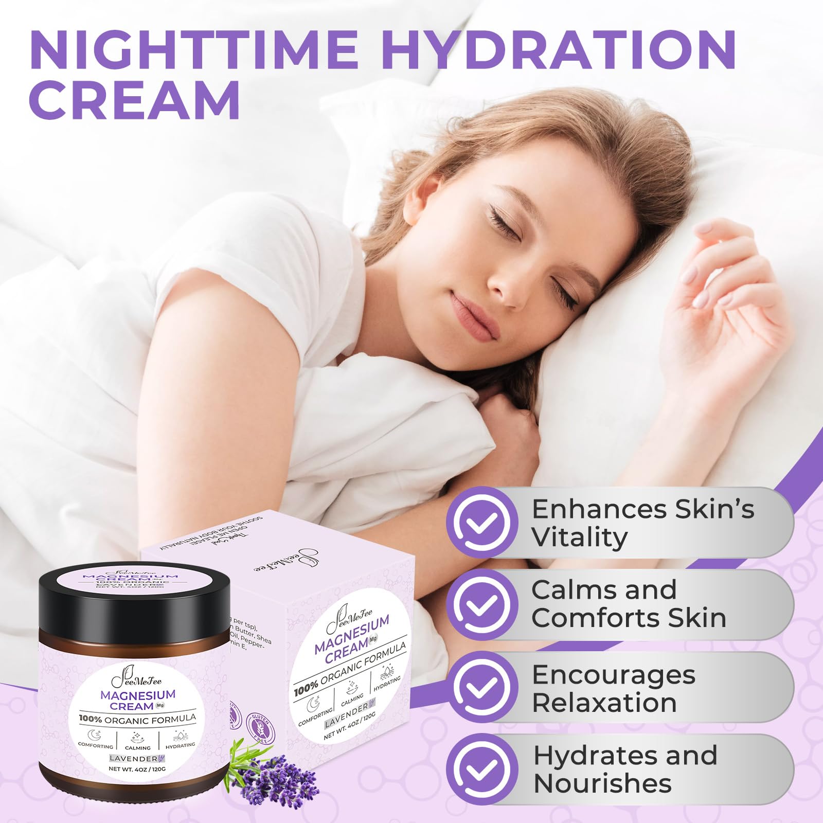 Natural Magnesium Lotion for Better Sleep - Coconut Oil & Shea Butter Cream with Vitamin E & Lavender | 4 oz | Relaxing Nighttime Moisturizer for Stress Relief & Muscle Recovery