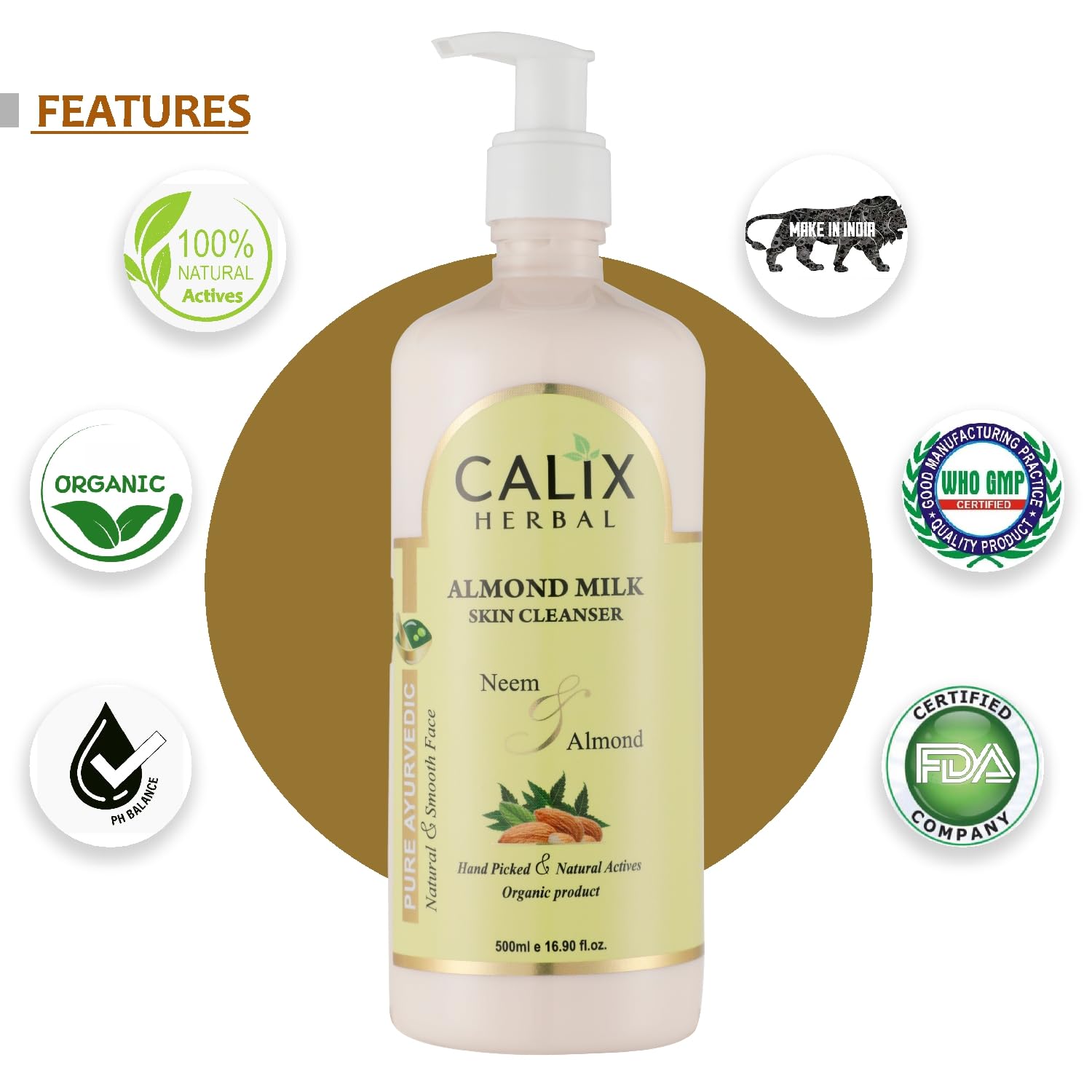 Organic Ayurvedic Almond Milk Skin Cleanser by Calix - Nourishing Face Wash for Dull & Dehydrated Skin | Men & Women | All Skin Types | 500ml | Perfect for Daily Skincare Routine & Travel