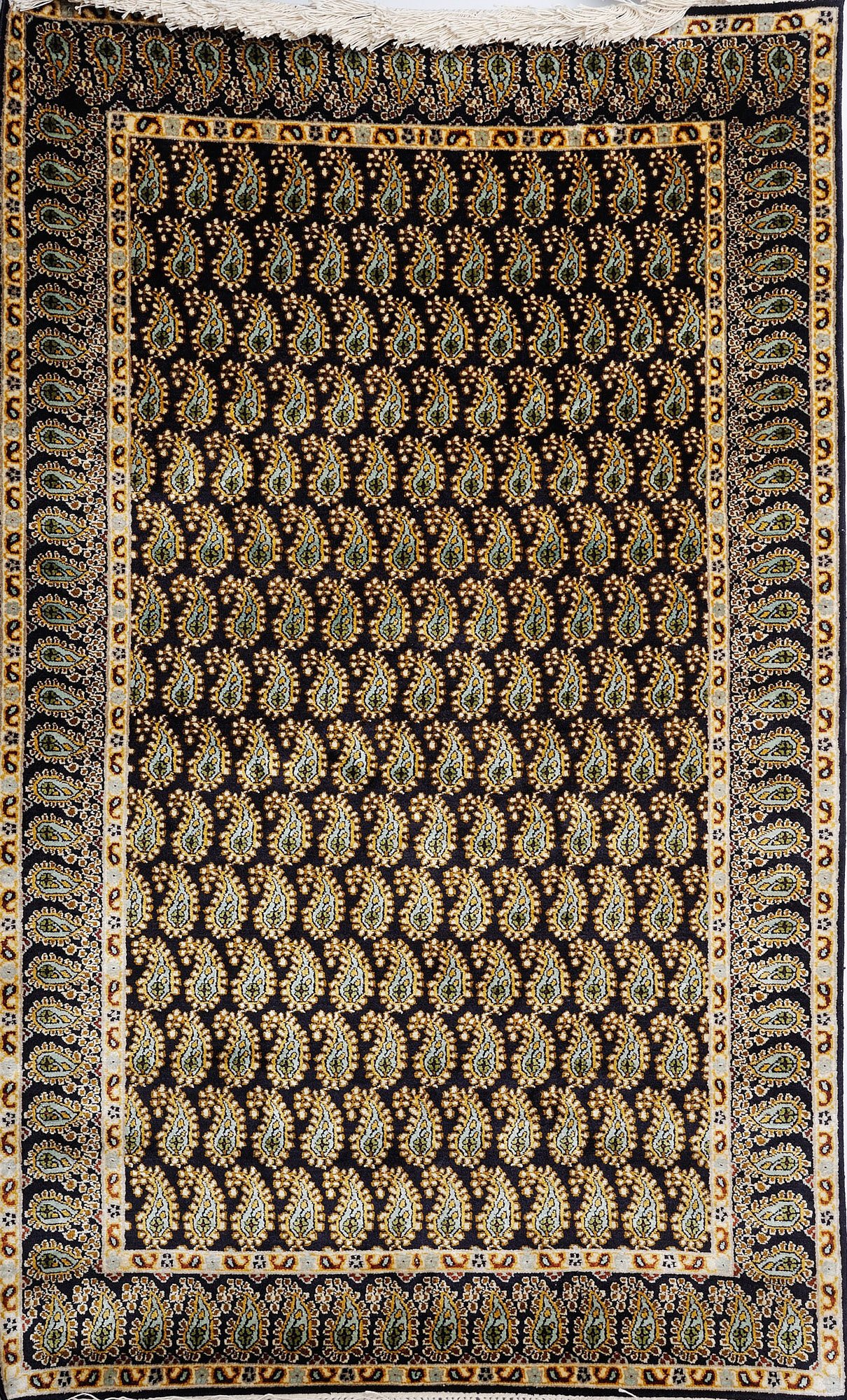 Luxury Black Kashmiri Silk Carpet with Intricate Knotted Paisley Design - Handmade Pure Silk on Cotton Base - Perfect for Living Room Decor, Bedroom Accent & Boho Home Styling