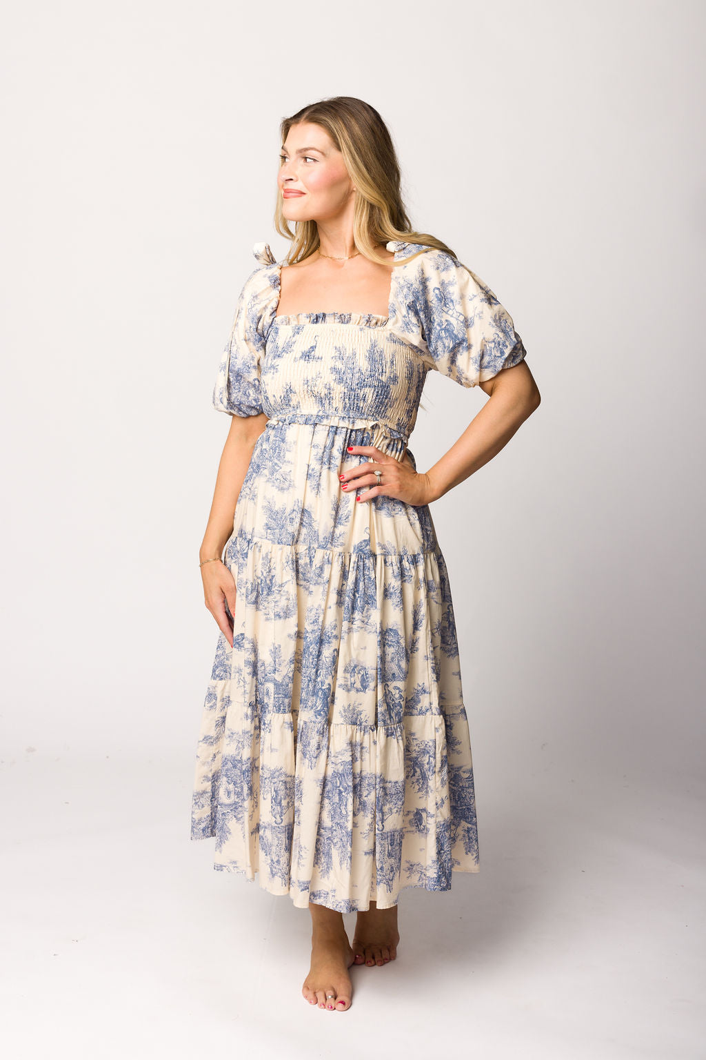 Elena 100% Cotton Toile Print Smocked Midi Dress in Blue - Bump Friendly Maternity Dress for Pregnancy, Nursing & Special Occasions | Perfect for Baby Showers, Brunch Dates & Summer Outings