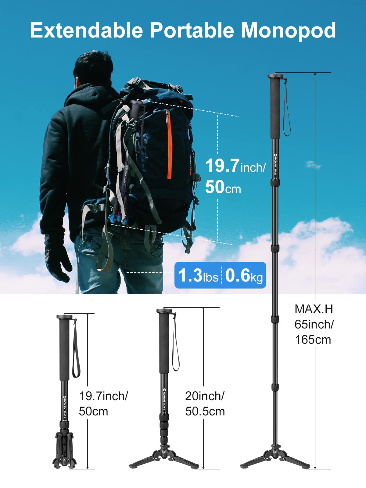 Moman MA65 Professional Aluminum Alloy Camera Monopod - Extendable to 65 Inch, Supports 22lbs/10kg DSLR & Camcorder - Removable Tripod Base for Travel & Outdoor Photography - Perfect for Vlogging, Sports Events & Landscape Shooting