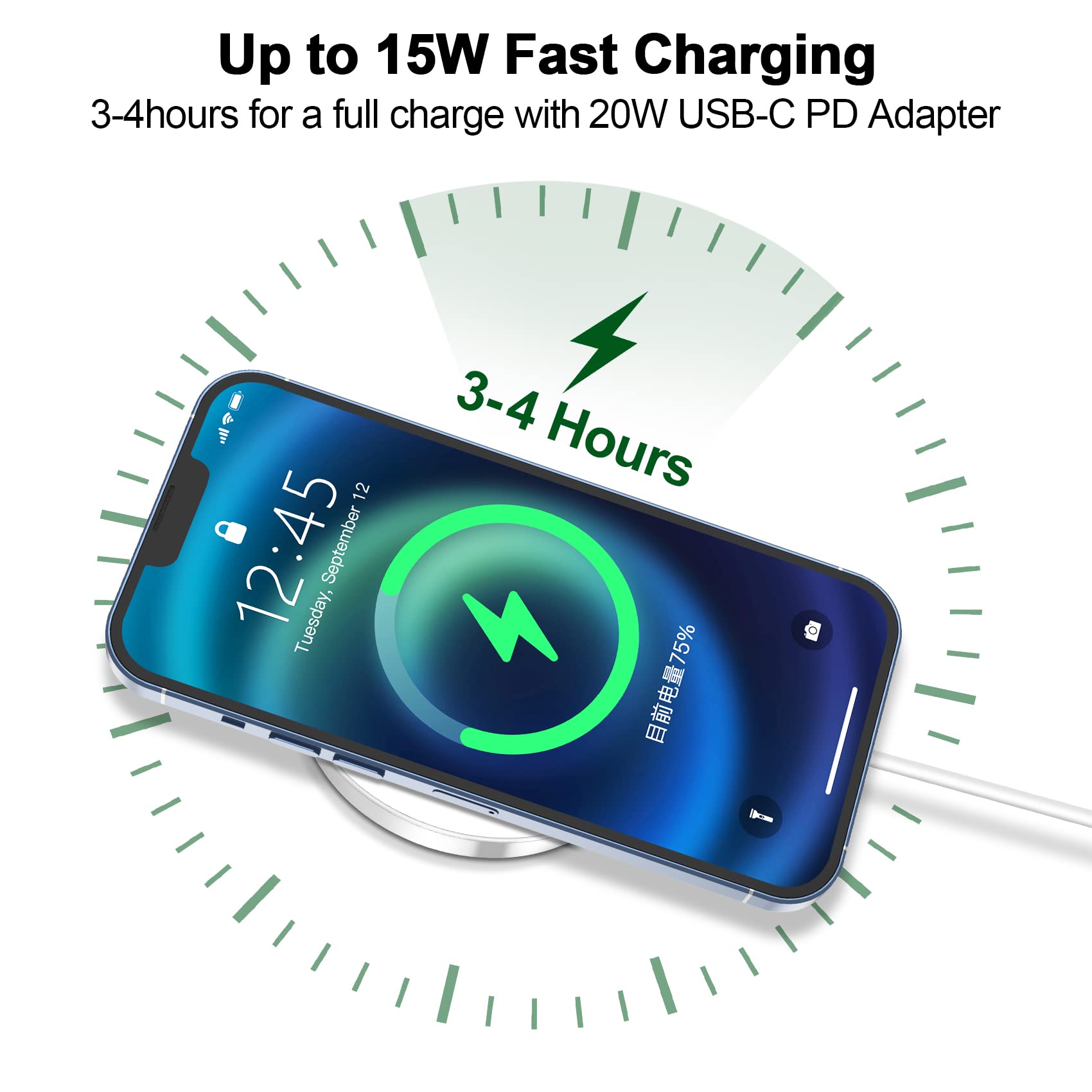 15W Fast Magnetic Wireless Charger Compatible with MagSafe - Qi Certified Charging Pad for iPhone 15/14/13/12 Series (15 Pro Max/Plus/Pro) - Perfect for Home, Office & Car Use (Adapter Not Included)