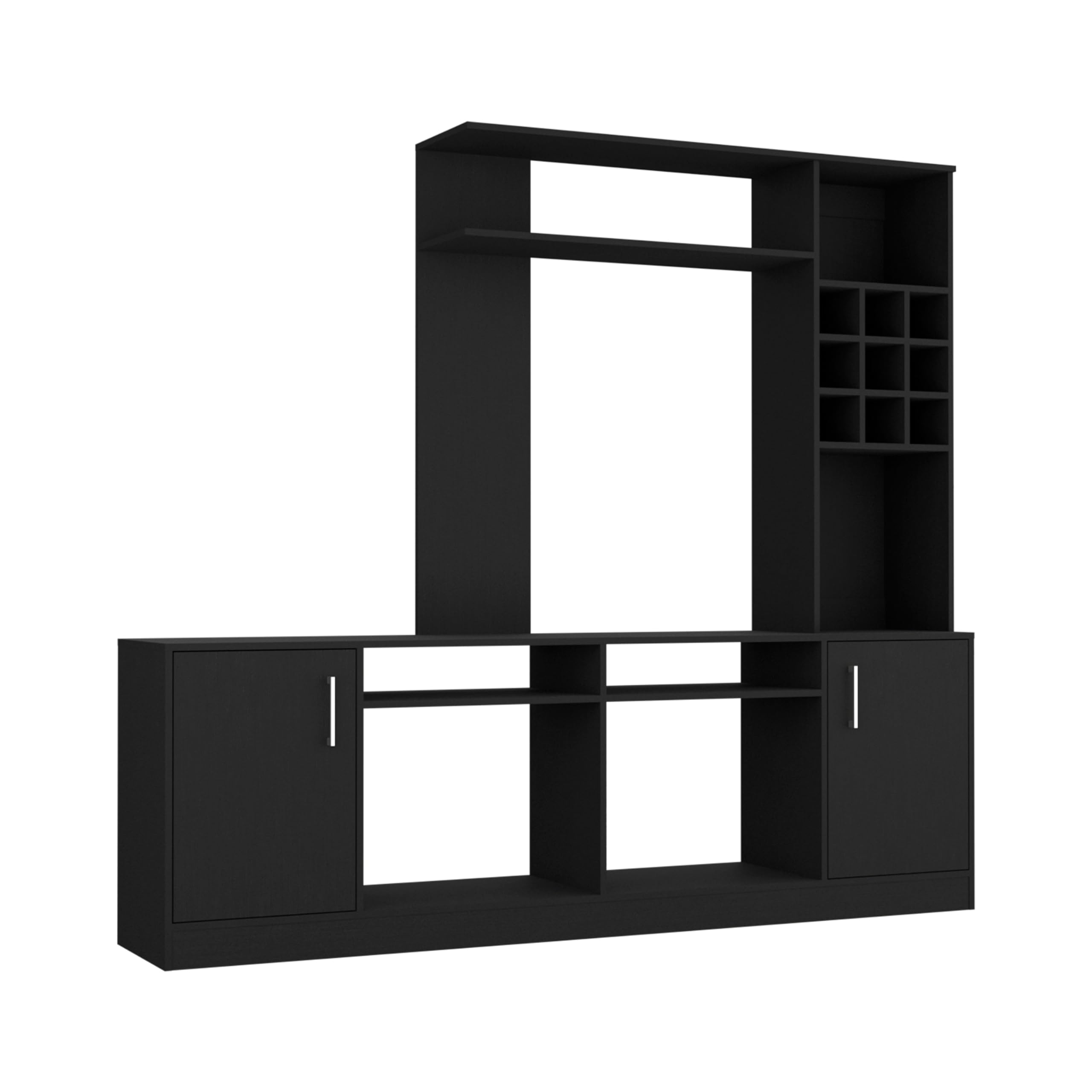 Tuhome Kava TV Stand with 6 Open Shelves & Double Door Cabinet - Entertainment Center for TVs up to 78 Inches, Black - Perfect for Living Room, Home Theater & Media Storage